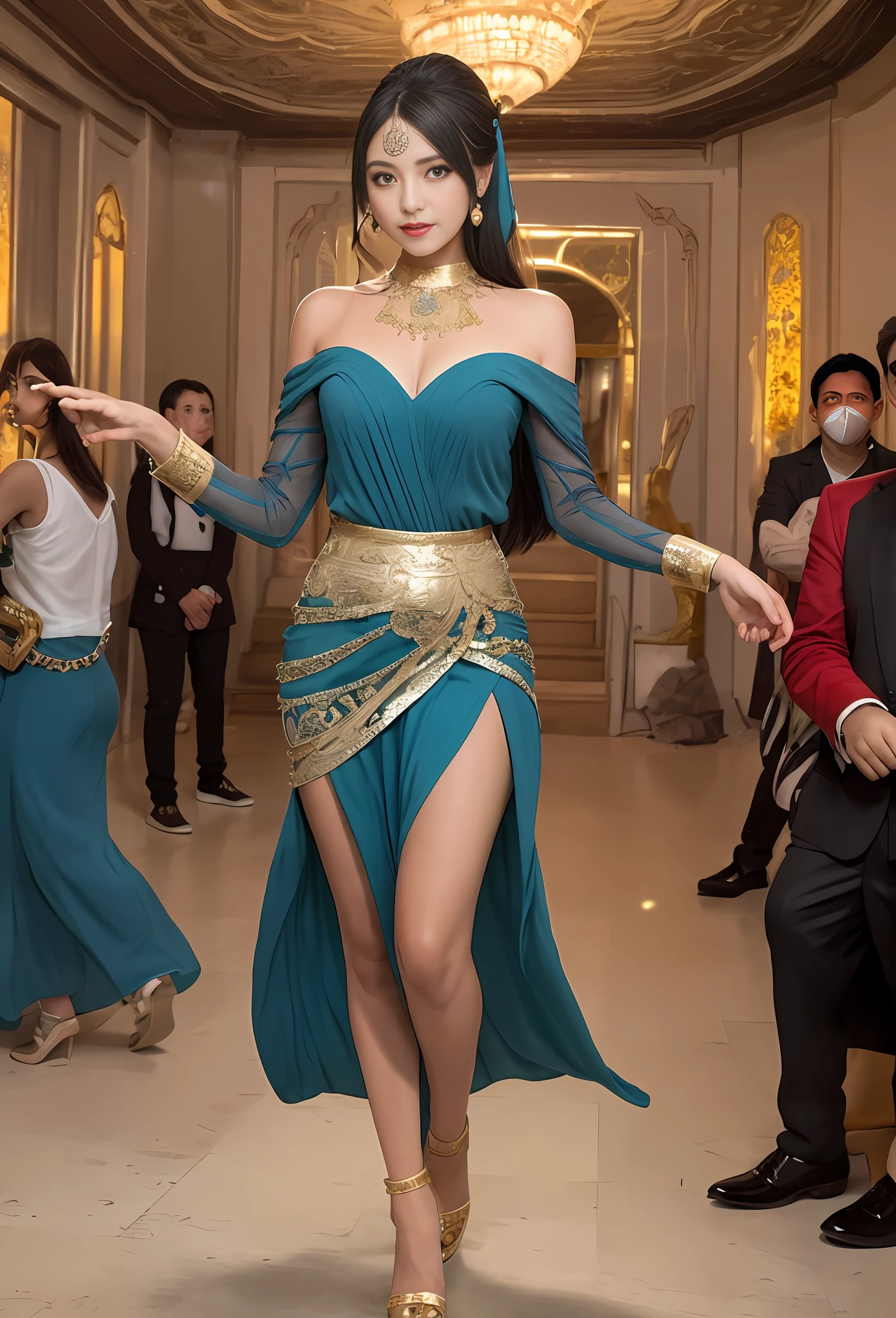 (masterpiece, best quality, realistic),
1girl, background, gypsy dress, dancing, intricate, teal dress, gold, gypsy person, banquet, crowd, picking up skirt, darker skin,
[slight smile],