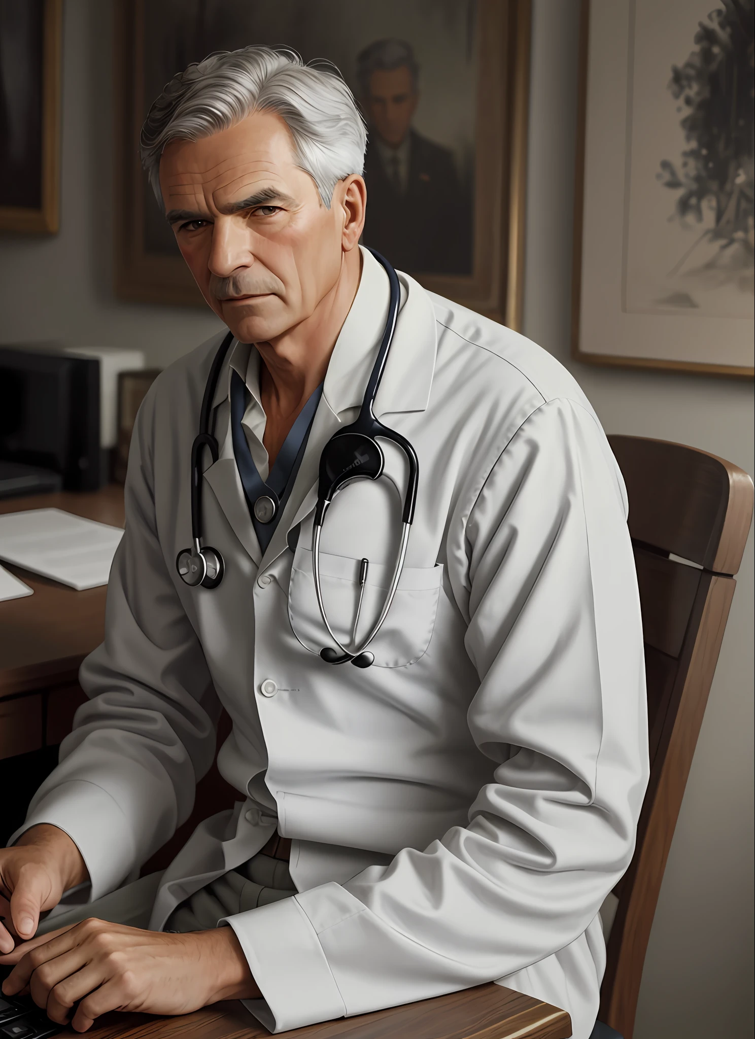 timeless style, 1950s full shot body photo of the most beautiful artwork in the world featuring (ww2) male doctor sitting on a desk nearby, grey hair, old man,  white outfit,(handsome,sexy,hot old male doctor),((detailed face and eyes)), (well defined face, gentleman:1.3 ),focus on male, male focus, man, real human skin,  nostalgia, 1man, stethoscope, heart professional majestic oil painting by Ed Blinkey, Atey Ghailan, Studio Ghibli, by Jeremy Mann, Greg Manchess, Antonio Moro, trending on ArtStation, trending on CGSociety, Intricate, High Detail, Sharp focus, dramatic, photorealistic painting art by midjourney and greg rutkowski