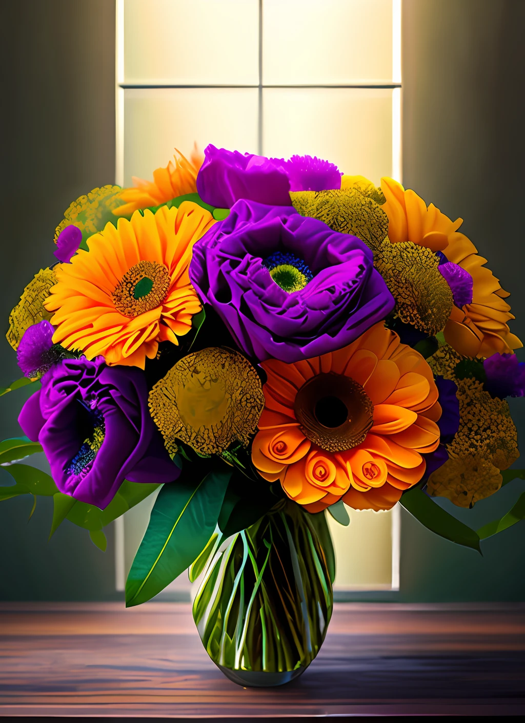 a beautiful stunning fantasy matte digital painting of a bouquet made of orange roses and orange chrysanthemums and purple poppies and green eucalyptus and green flora, a photograph painted in the style of Bridal Magazine, professional floral arrangement, professional lighting, trending on artstation hq, contest winner