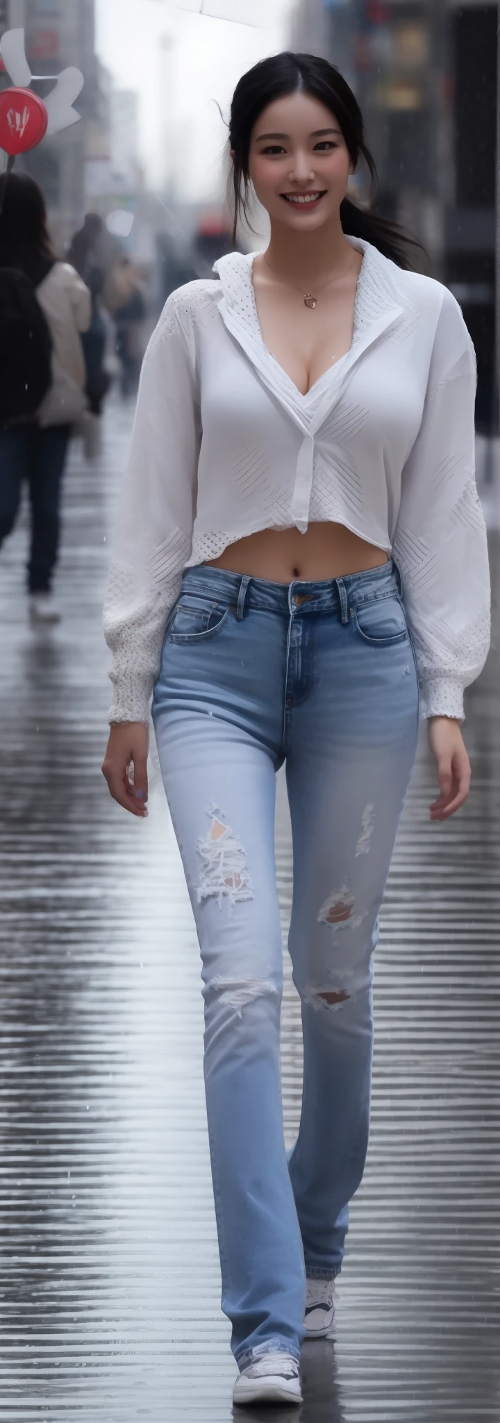 Arafi walking down the street, wearing tight simple clothes, skinny waist and thick ????, skintight jeans, White pants, Ultra HD photos, wearing jeans, her navel is exposed, Thin waist, Tight Fit Clothing, Blue jeans, Jeans, ??????????? thin waist，Jeans girl shopping on a summer afternoon，taking a full body photo，((Best Quority, 8K, masterpaintings:1.3)), focal point:1.2, perfect figure beautiful woman:1.4, Cocked ????????:1.2, ((Fluffy high ponytail student hair:1.2,medium boob，Beautiful ???????:1.2)), (wetclothes:1.1) , (Rain Street:1.3), Crop top with a tight and shuffy top:1.1, High-end brand jeans（Super realistic detailed jeans，Realistic detailed jeans texture and graininess），（no mask on），Highly detailed facial and skin texture, detailed eye, 双眼皮，Gloss on lips:1.0，Whiten skin，length hair,(Baring teeth，Baring tongue:0.8)，smil:1.0，Broad lighting，naturalshadow