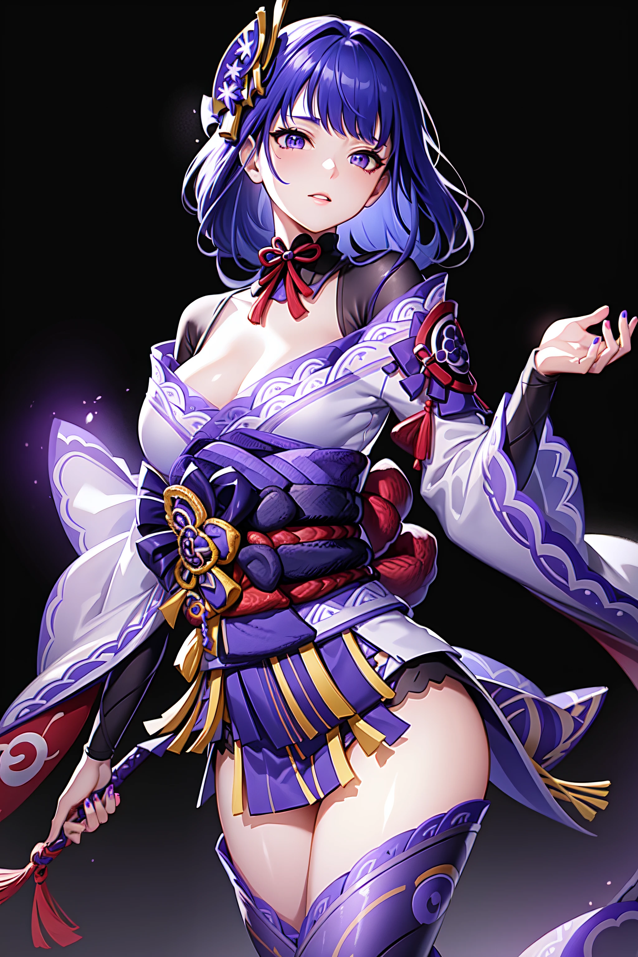 (masterpiece, finely detailed beautiful eyes: 1.2), (illustration:1.2), 1girl, solo, (raiden shogun:1.4), purple hair, purple eyes, bangs, braid, braided ponytail, breasts, hair ornament, japanese clothes, kimono, sash, redsash, thighs, volumetric lighting, hyper detailed, highly detailed, beautiful, small details, ultra detailed, best quality, intricate, sharp, digital illustration, detailed, realism, intricate, 4k, 8k, trending on artstation, good anatomy, beautiful lighting, award-winning, highres, (extremely detailed CG, unity, 8k wallpaper:1.1), beautiful face, highly detailed face, zoomout, colorful, vibrant colors, nail polish, (glow:1.4)