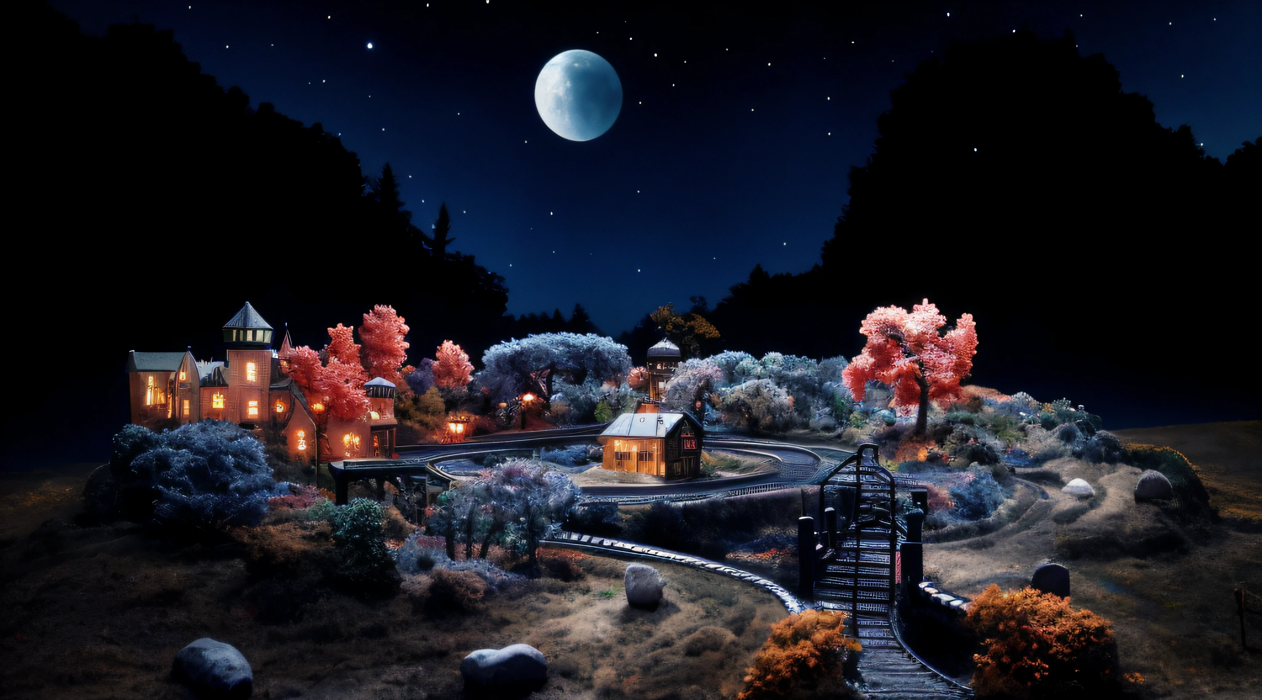 there is a model train set on a track in the middle of a field, moonlit night dreamy atmosphere, wonderland at night, celestial gardens, whimsical fantasy landscape art, moonlit starry sky environment, surreal scene, nighttime nature landscape, under the moon, scenery artwork, moonlit night, moonlit backdrop, beautiful render of a fairytale, magical scene --auto