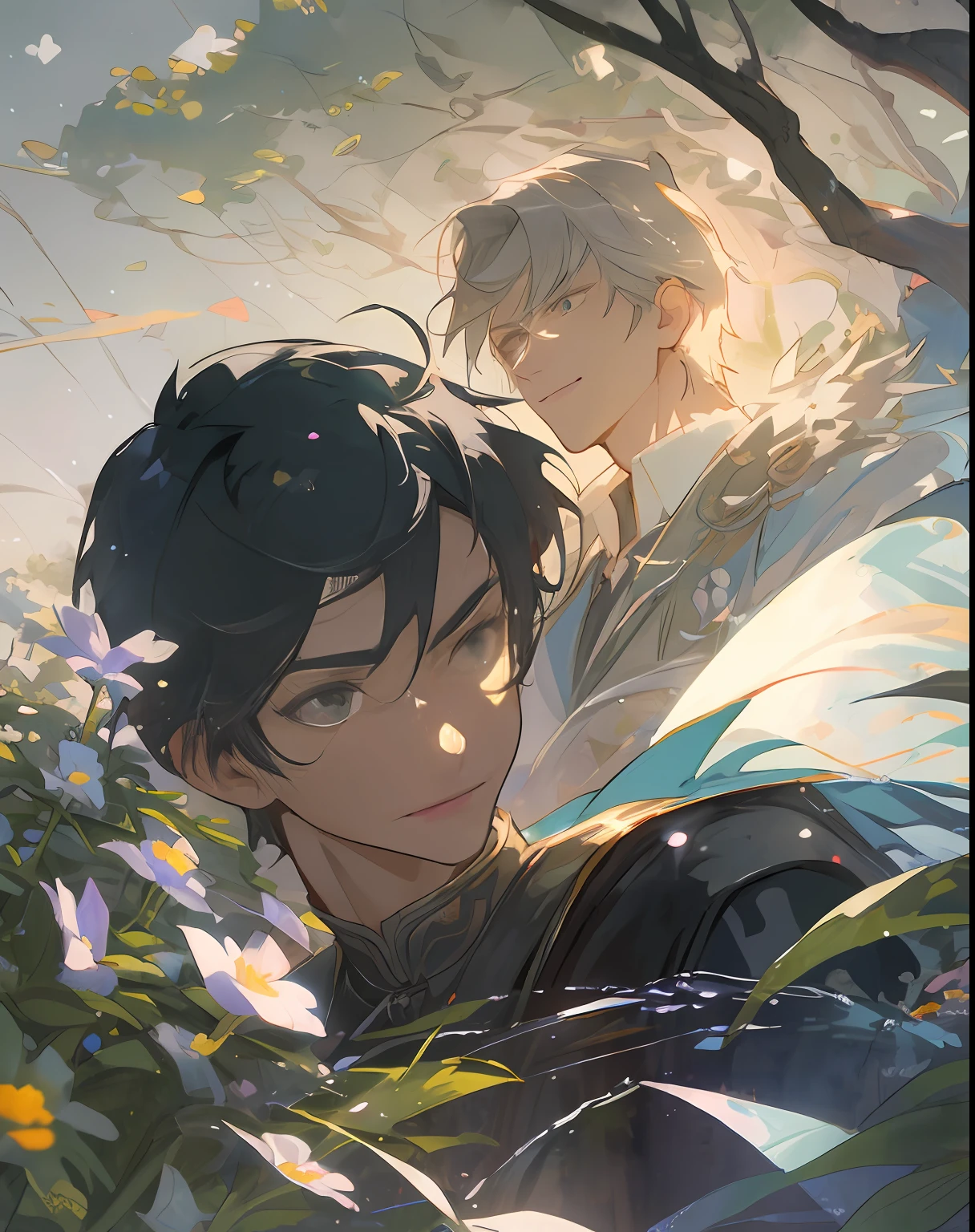 ((最好质量、巨作)), ((Two Men))、Comic art、concept-art、water colour、knights、seethru school uniform、a woods、blooming flowers、sunsight、Fantastic lights and shadows、landscapes、very highly detailed face、portraitures、a smile、the pose, Particle, the wind, florals, simple background, Uses backlight and rim light