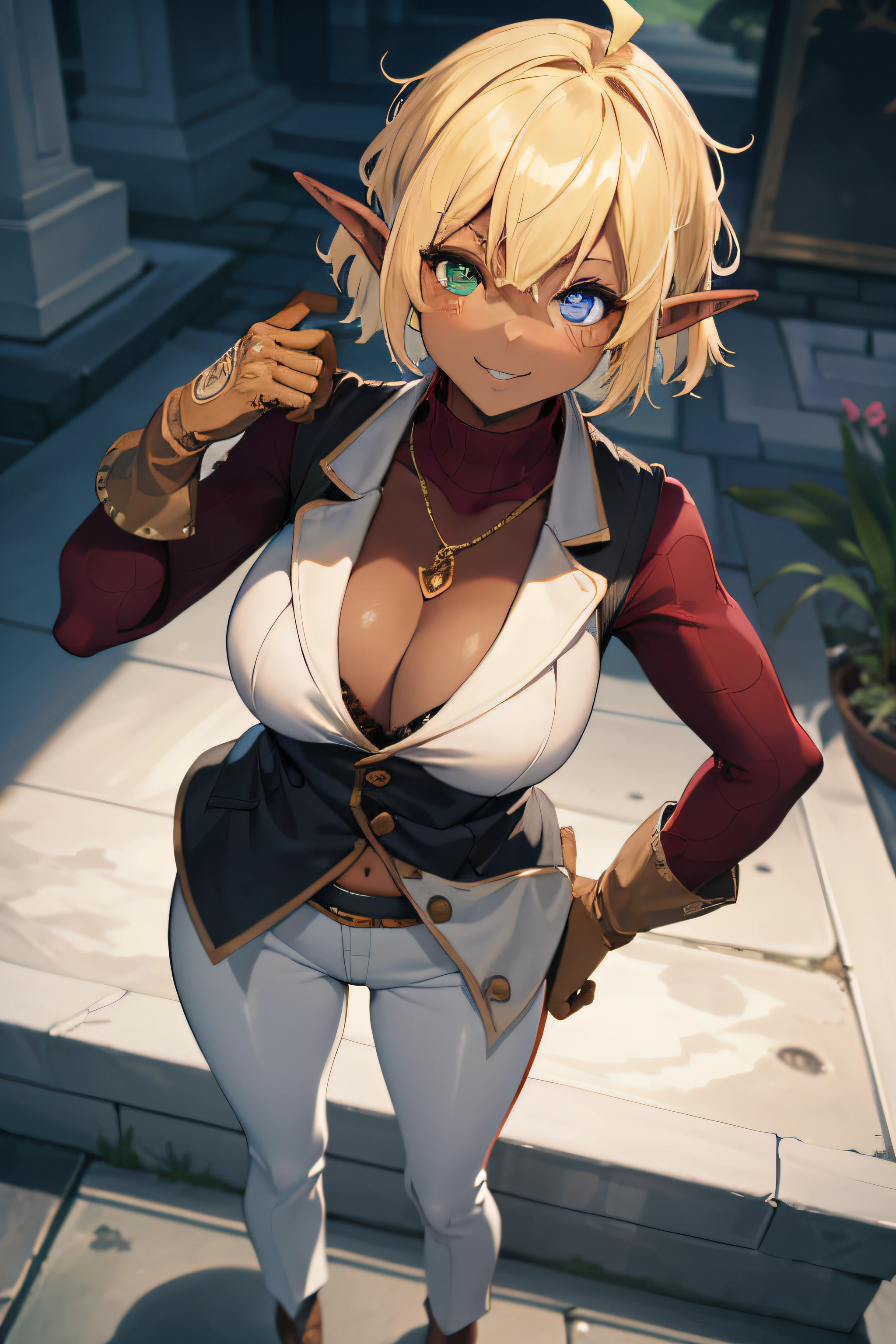 highly resolution, sharp-focus, pixiv's masterpiece, ((with intricate details)), higly detailed, pointy ear, Heterochromia, 独奏, HAIR LOIRO, gloves, smile on face, Green eyes, Blue Eye, Ahoge, looking the viewer, 1girls, short hairs, Red shirt, vests, Long sleeve, Brown gloves, elvish, Dark skinned, full full body, a women,White pants、Giant tits、The background is a large tomb、