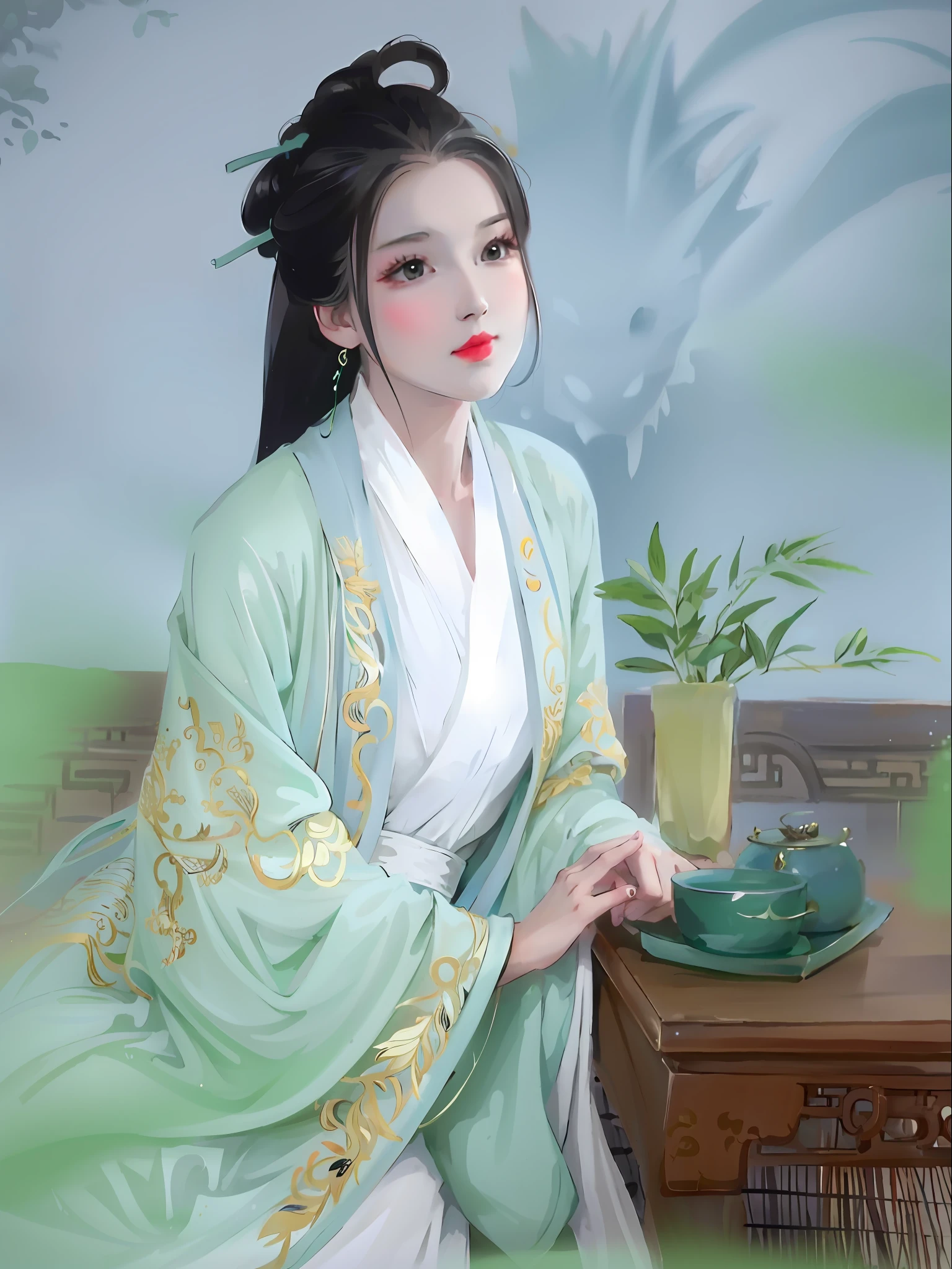 Alafid woman sitting at table in green Han dress, Hanfu, Wearing ancient Chinese clothes, with acient chinese clothes, royal palace ， A girl in Hanfu, White Hanfu, Traditional Chinese clothing, dragon-inspired cloth robes, wearing a long flowing robe, wearing only a green robe, Green robe, inspired by Gu An, green robe
