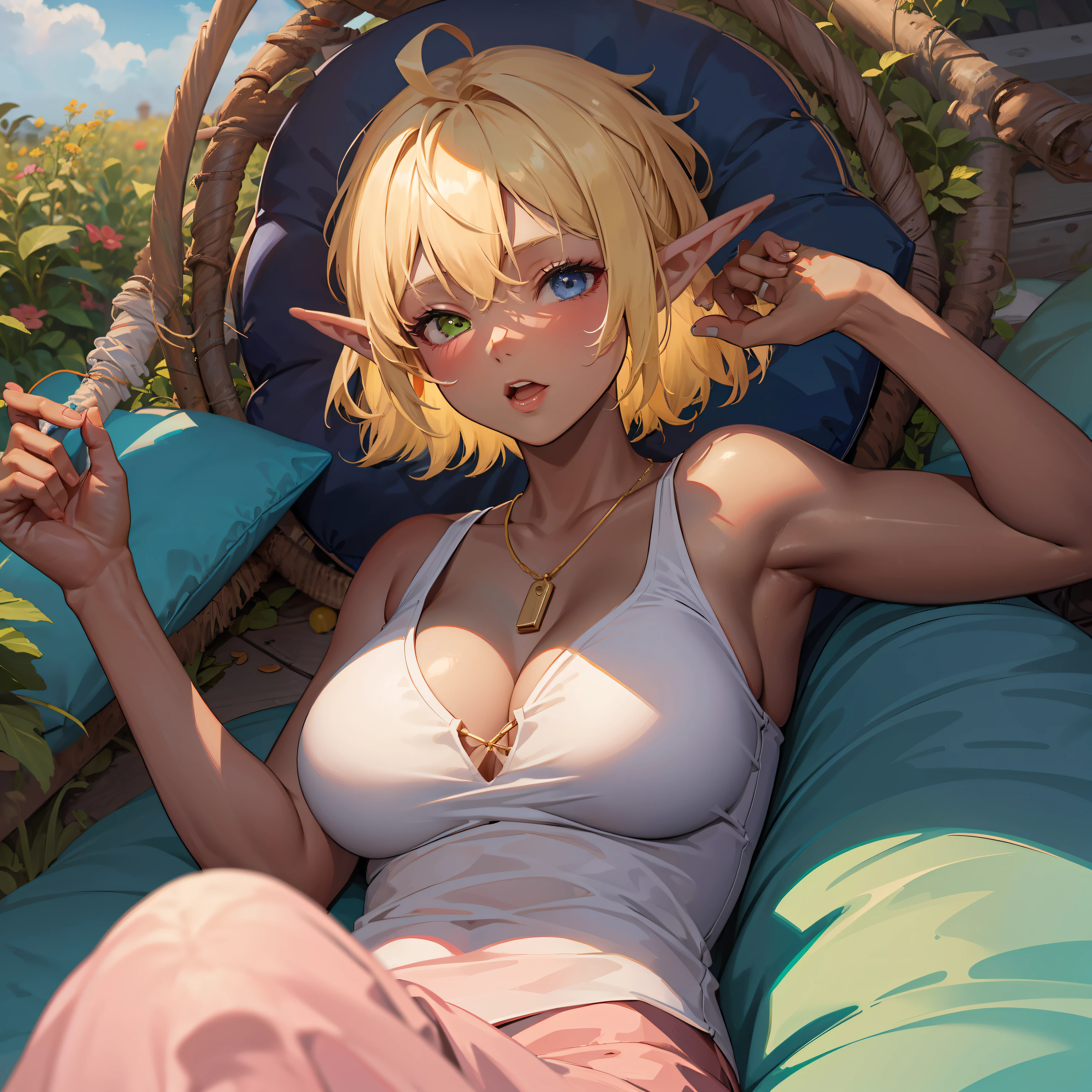 high-re, sharp foc, pixiv's masterpiece, ((complicated detail)), extremly detailed, pointy ear, Heterochromia, 独奏, bronde hair, Green eyes, Blue Eye, Ahoge, 1girls, shorth hair, elvish, Dark skinned, Whole human body, woman kngiht,HugeBoobs、Pink pajamas、Sleeping in a hammock、During sleep、Aura of Overlord、