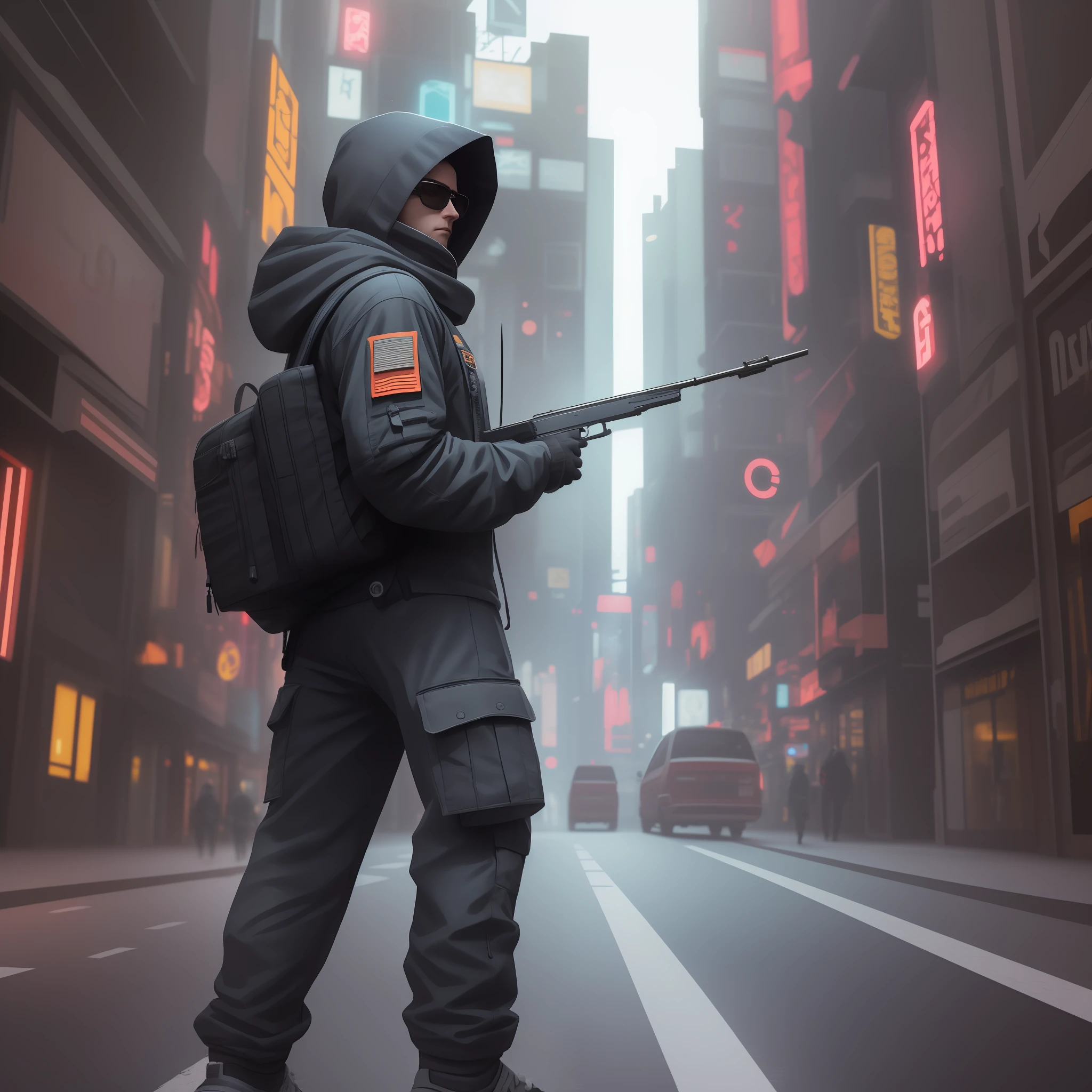 (obra-prima, foto de corpo inteiro, fotografia crua intrincada) Cyberpunk citizen with a shotgun, Comfortable Oversize Black Hood, black cargo pants, roupas pretas, escuro, usando um capacete preto estilo hitech Astronauta, intrincado, futurista, advanced technology, ambiente escuro, dramatic, luz e sombra, cinematographic, action film, nitidez, random relaxed position, Cyberpunk City, luzes de rua, rua escura, noite, Insta foto, foto do ano, octano render, substance, Maya 3D, cinema4D, ArtStation Trending, Devian Art Trend,