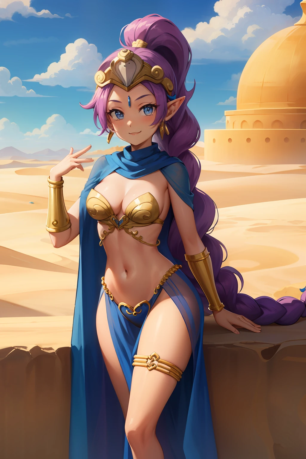 Masterpiece, Best Quality, shantae, extra very long hair, braided ponytail, headdress, gold bikini, A bracelet, A bracelet, thigh band, looking to viewer, desert, middle eastern architecture, Smile