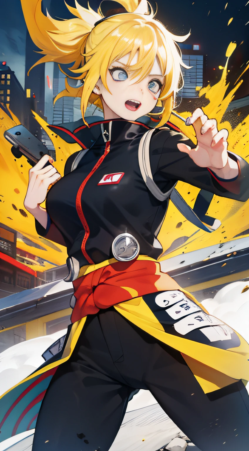 (((Best Quority))),(((hyper detailled))),(((masterpaintings))),(((manga book))),Cool female Naruto,Female Uzumaki Naruto,The action is exaggerated and handsome,Yellow hair,There are swirls on the face,Naruto Uzumaki yellow ninja suit,Dynamic,Voice bubbles,Fighting,bang between eyes,The background is the ruins of the city after the Great War,Epic cinematic footage。