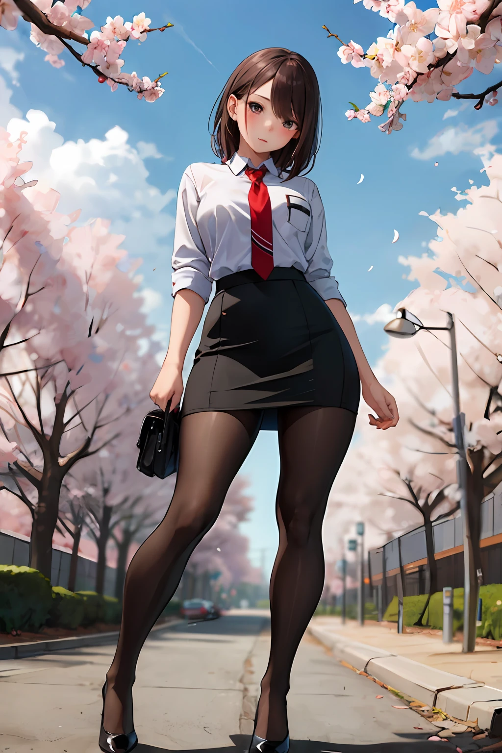 masterpiece, best quality,4girl,young girl, plum_pie eyes, brown, choppy bob,envious _face,shiny skin,medium breasts,nice leg line:1.3,thick thighs, thin waist,school uniform, thighhighs,necktie,((pencil skirt)),red color high heels,   pantyhose, , Pathway_lined_with_blooming_cherry_blossom_trees,,looking at viewer,from below,full body, legsupsexms,