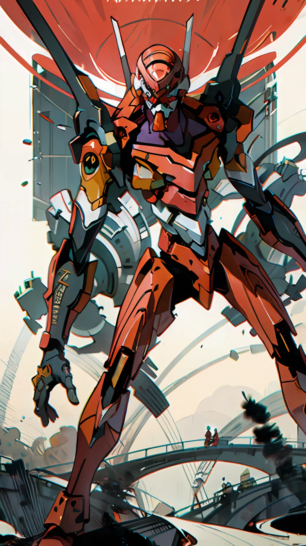 Eva 02, Eva, Evangelion Mecha, Science-Fiction, Mira a la audiencia, (Arte Oficial, La mejor calidad, Obra maestra: 1.2), llustration, High resolution, hermoso fondo abstracto, futuristic, Estilo manga