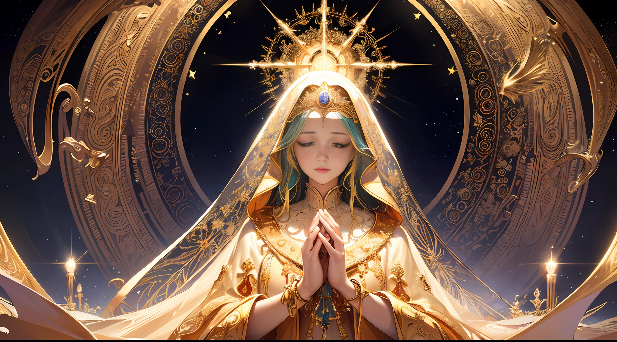 (masterpiece, superior quality, best quality, official art, beautiful and aesthetic:1.2), (Virgin Mary), extremely detailed, (fractal art:1.3), colorful, higher detailed, perfect face, upper body, HDR, (praying:1.3), (golden lines of white robe:1.2), galaxy, (streaks of light), stunning visuals, (dynamic streaks, luminous tracks:1.2), vibrant colors