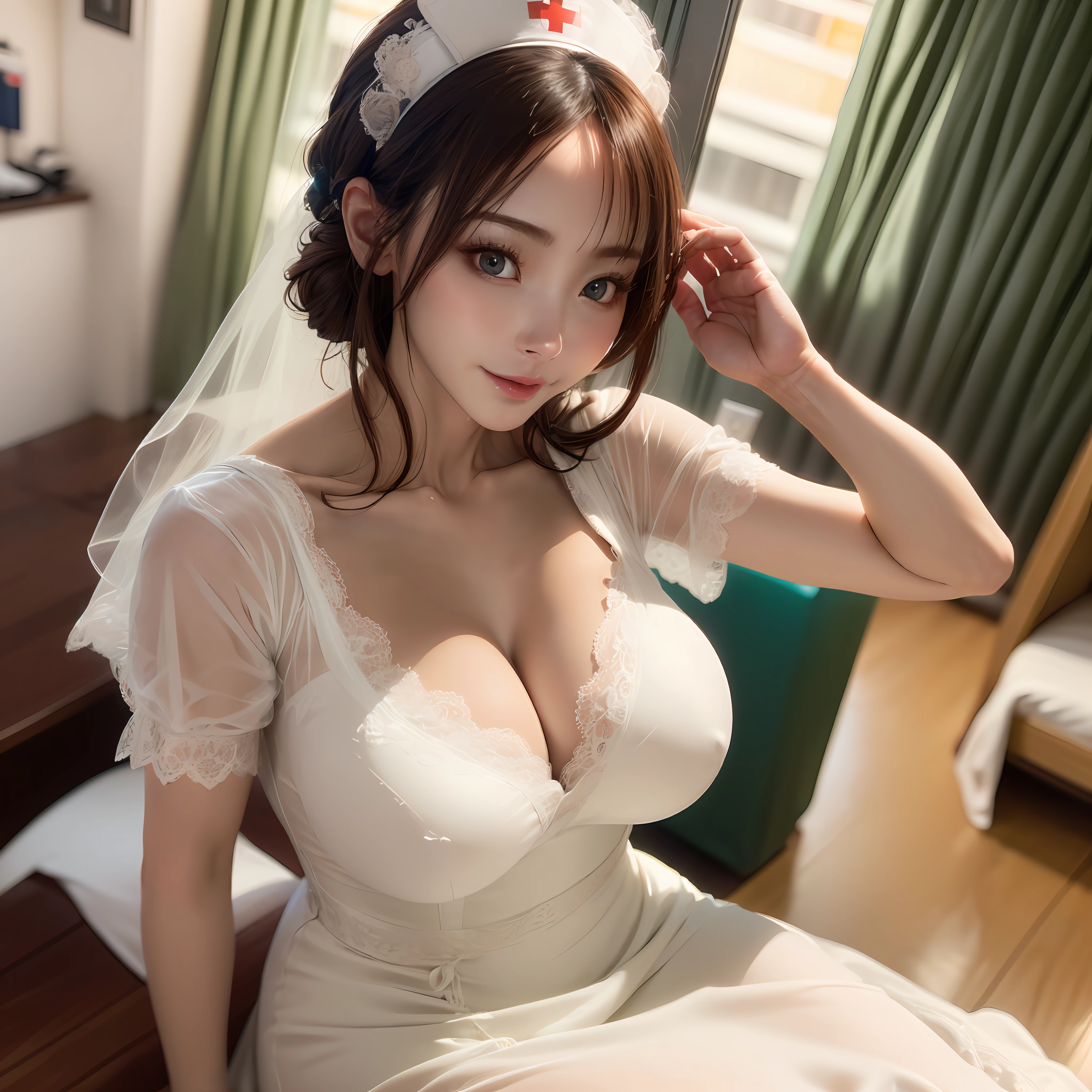 (8k, RAW photo, best quality, masterpiece:1.2), (realistic, photo-realistic:1.37),1girl,cityscape, night, rain, wet, professional lighting, photon mapping, radiosity, Chinese Doll,torn ,chemise, large breasts,nurse, wedding dress