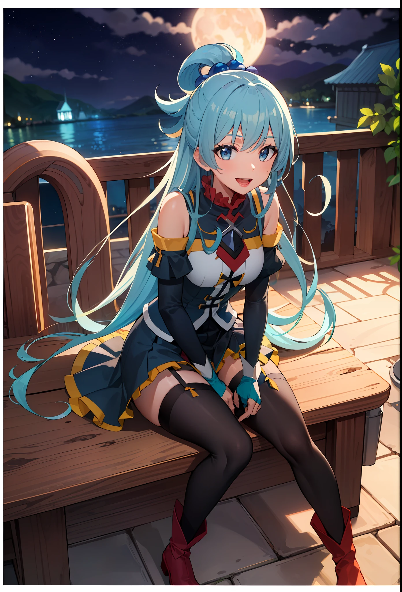 (masterpiece), (best quality), highres, ultra detailed, professional lighting, photography, mix4 adult, perfect skin, model, night, giant moon, 1girl, solo, aqua_konosuba, bottom view, smug, smile, open mouth, blue eyes, light blue hair, long hair, gothic, ribbon, hair bow, garter straps, lipstick, gauntlets, swollen sleeves, sitting, detailed background, clear sky, stars, sickle