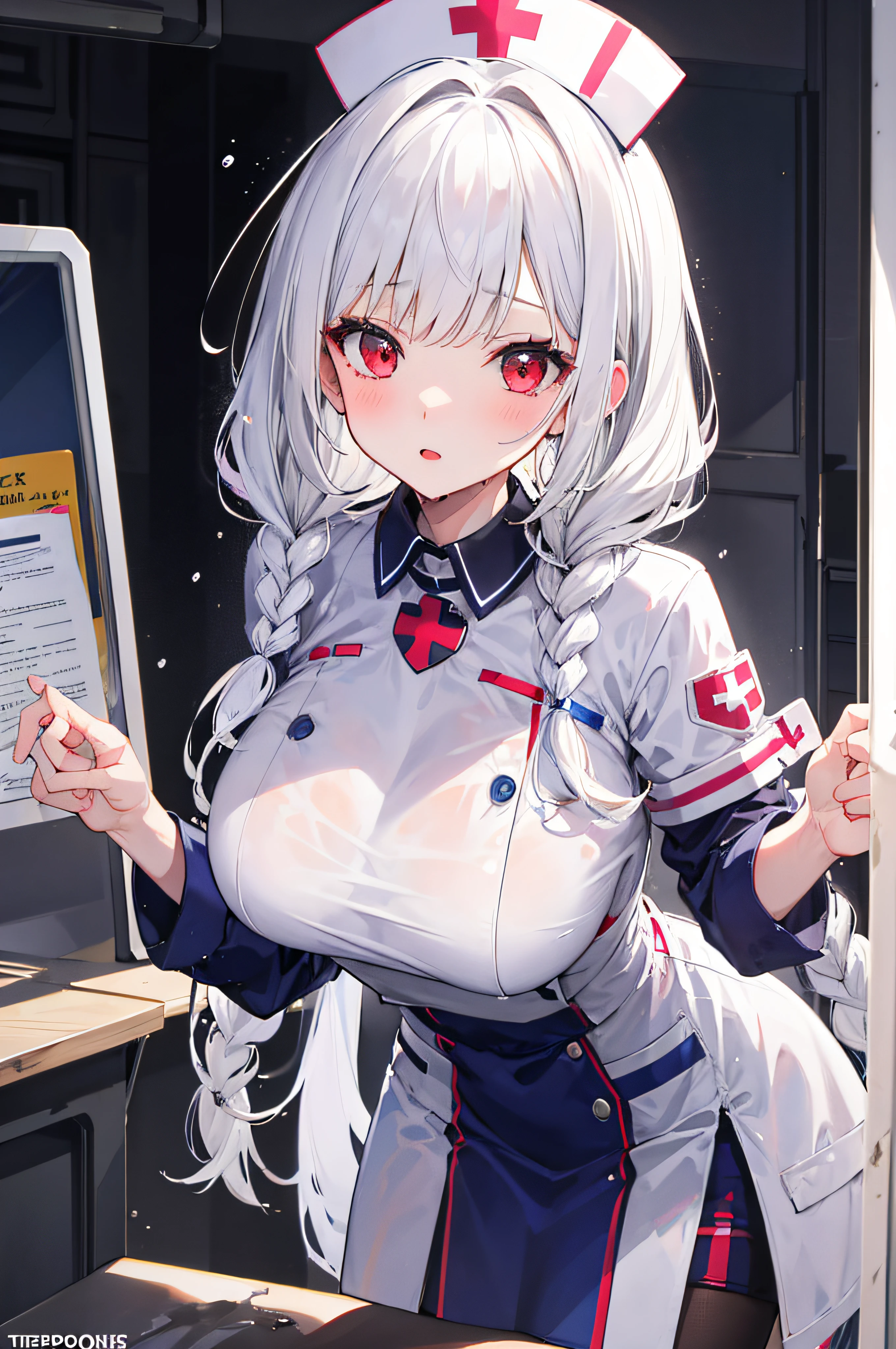 1girl huge large breasts,Red eyes,Twist braids, white hair, Nurse outfit,Bend over,temptress,Get wet,wet light clothes,messy outfit