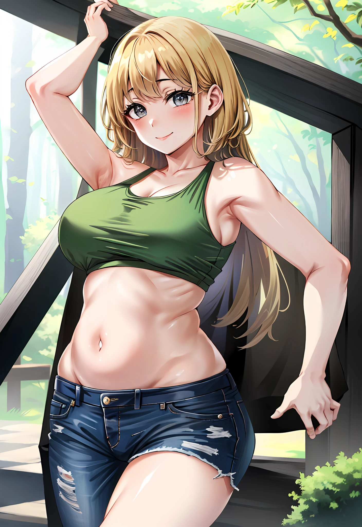 (masterpiece:1.2), (best quality:1.2) 1girl, blush, large breasts, smile, long eyelashes, tanktop, sagging breasts, soft belly, wide hips, arms on hips,