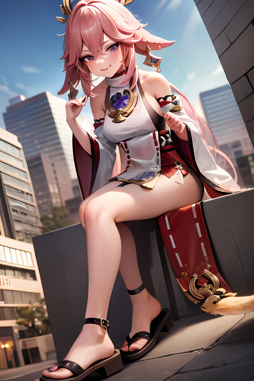 yaemikodef, smile, blush, outdoors, day, simple background, blue sky, short hair, sky, temple, looking at viewer, stairs, mountain, moody lighting, facing viewer, yae miko, 1girl, \n/, animal ears, bare shoulders, blush, breasts, cherry blossoms, closed mouth, detached sleeves, earrings, fingernails, flower, fox ears, gem, hair between eyes, hair ornament, hand up, japanese clothes, jewelry, kimono, long hair, looking at viewer, medium breasts, miko, nontraditional miko, pink eyes, pink flower, pink hair, purple gemstone, short kimono, sidelocks, smile, solo, full body, white kimono, 2d, masterpiece, best quality, anime, highly detailed, 1girl, solo, mature female, high quality, hd quality, masterpiece, photorealistic, (from below:2), (very low angle, intense angle, dynamic angle:1.4), (hand on chest, resting hand on chest:1.1), (hand at side:1.3), (GTSCity, buildings, city:1.3), (hand on building:2), (one hand at side:1.6), (licking lips, licking own lips:1.1), (sweat:1.2), seductive anime girl, smooth anime cg art, thighs close up, thighs!!!, beautiful anime girl sitting on building, commission for high res, large thighs, extremely detailed artgerm, sitting on a building, on a building, (presenting foot, shoe soles, close-up foot:1.3),