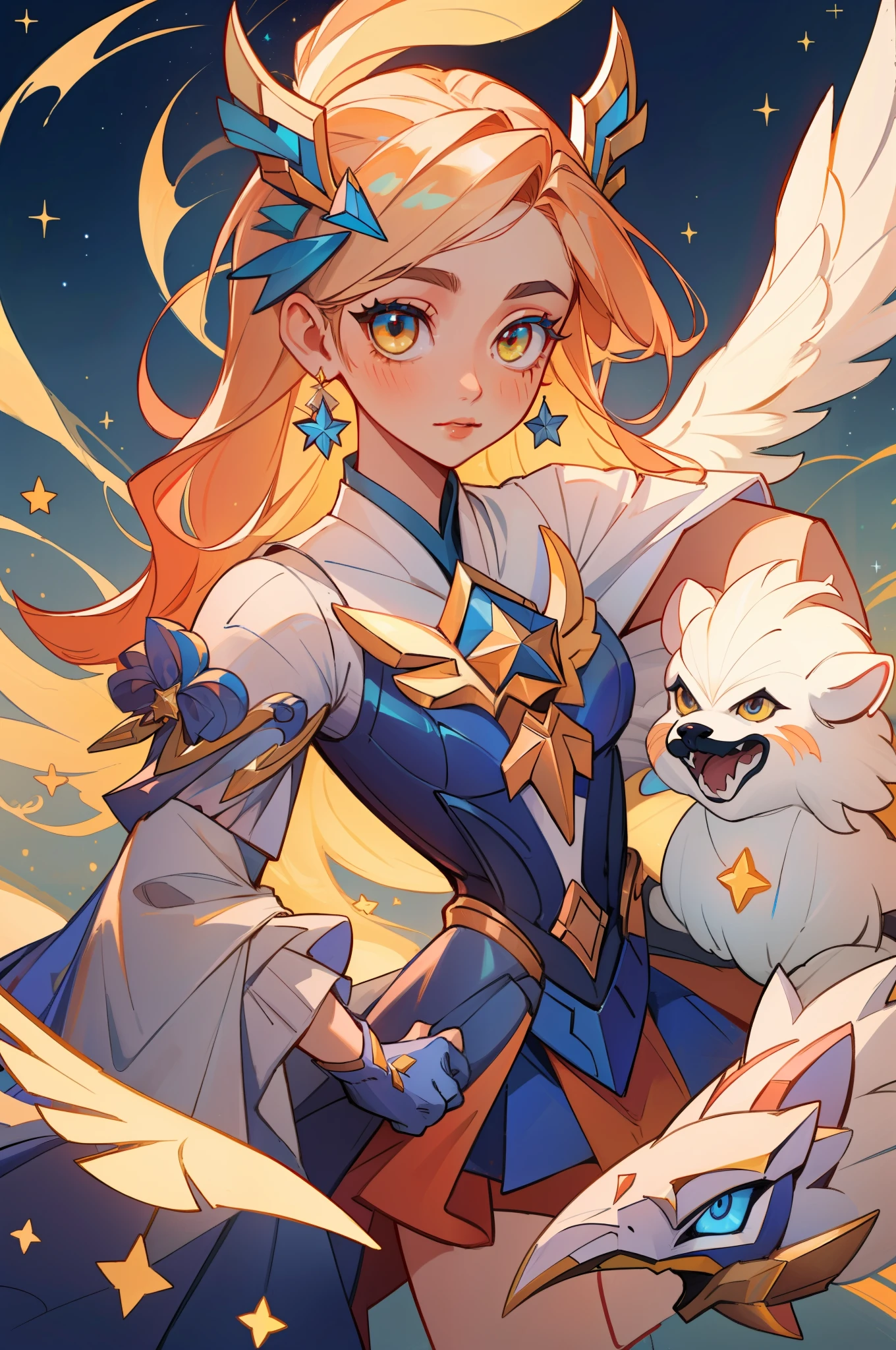 (masterpiece, best quality),  intricate details, 8k, artstation, sharp focus, 1girl, star guardian, league of legends, (warm color theme)