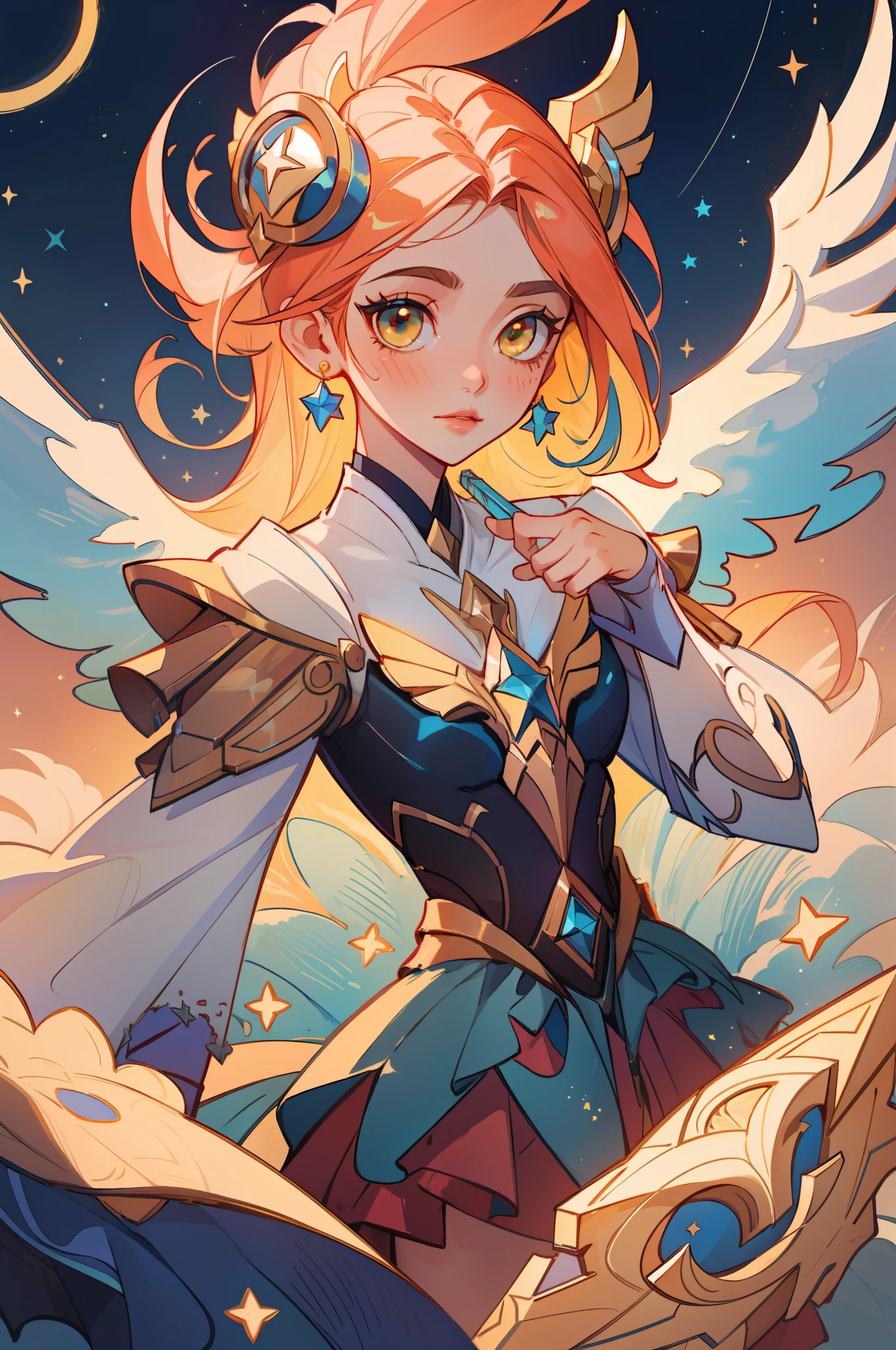 (masterpiece, best quality),  intricate details, 8k, artstation, sharp focus, 1girl, star guardian, league of legends, (warm color theme)