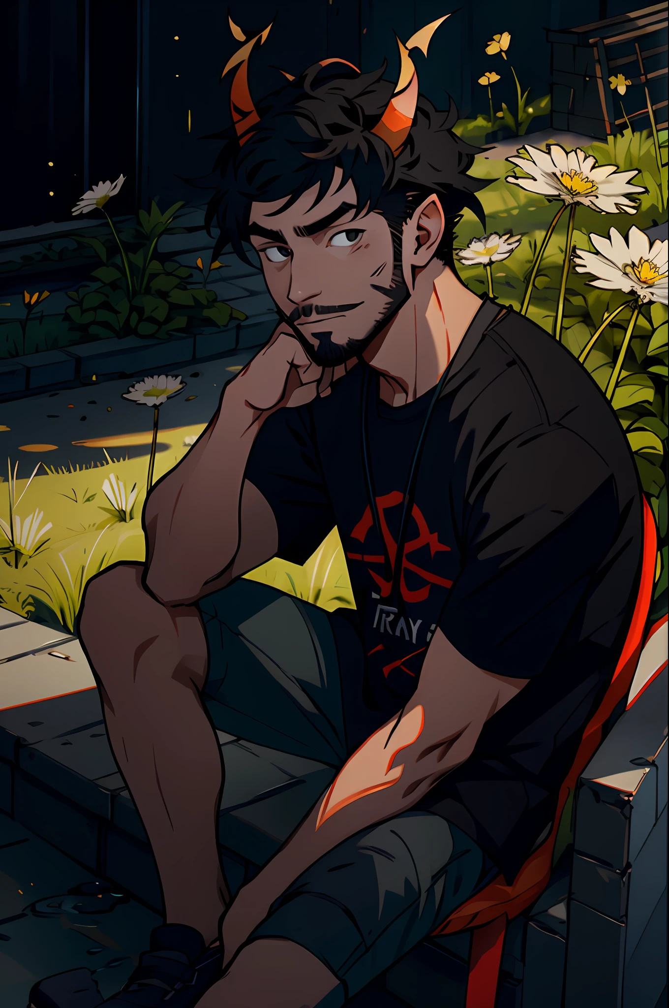 Best quality, masterpiece, expressionless, ultra high res, detailed background, realistic, 1man, solo, male, normal body ratio, 25-year-old male, short black hair, white bangs, stubble facial hair, soft smile, small red devil horns, long black fluffy tail, casual clothes, anime fan aesthetic, sitting, water, dandelion field, real shadow and light, depth of field.