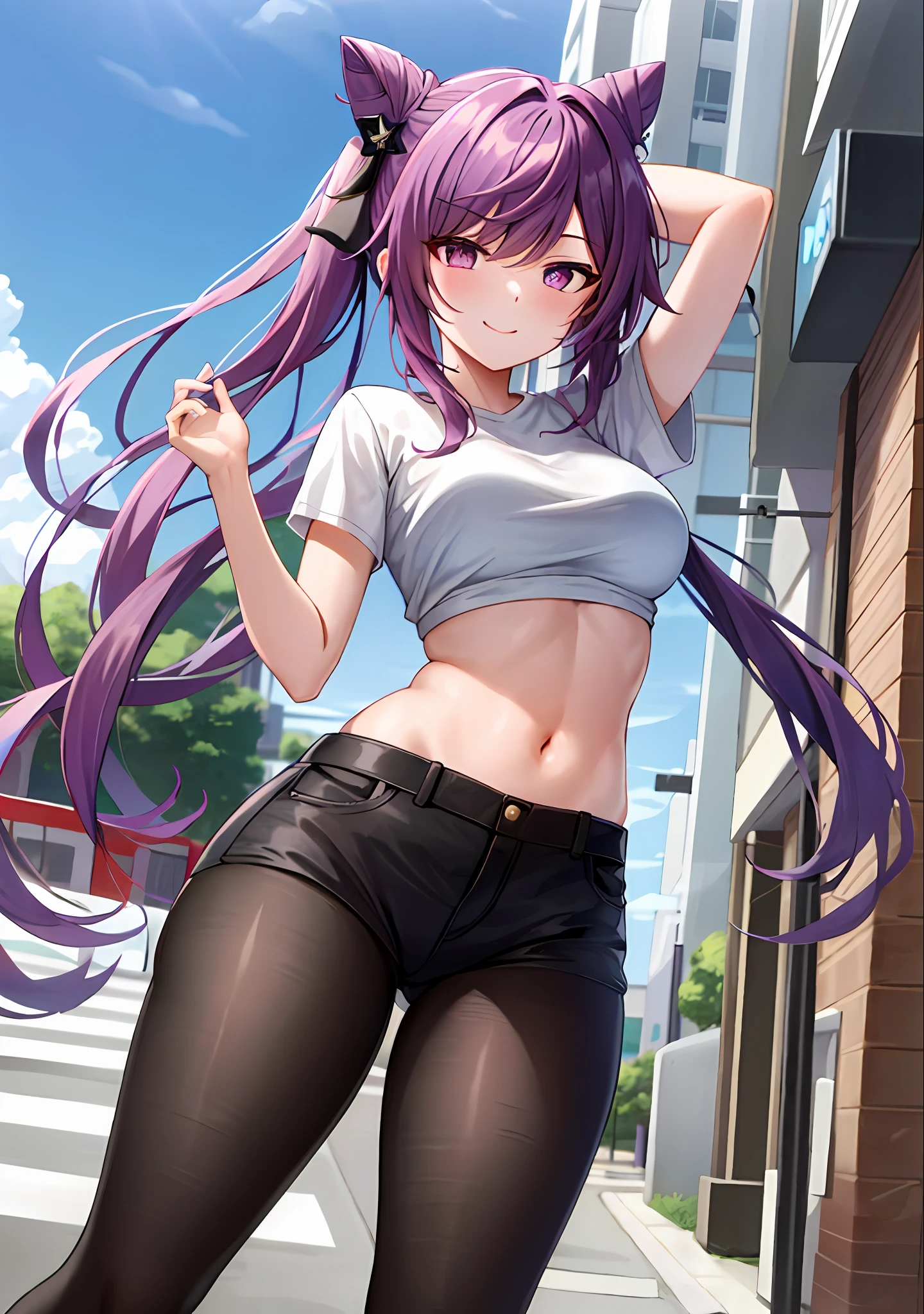 (masterpiece, best quality, ultra-detailed), keqing \(genshin impact\), (purple hair), cone hair bun, twin tails, long hair, swept bangs, braid, braided bangs, purple eyes, pink eyes,
(wearing a t-shirt:1.2), standing, embracing the natural beauty, sunlight, beautiful cloudy sky, city, street, denim shorts, black stocking,
medium breasts, thick thighs, critical angle, cowboy shot, sexy pose, light smile, crop top, strong and seductive expressions,,