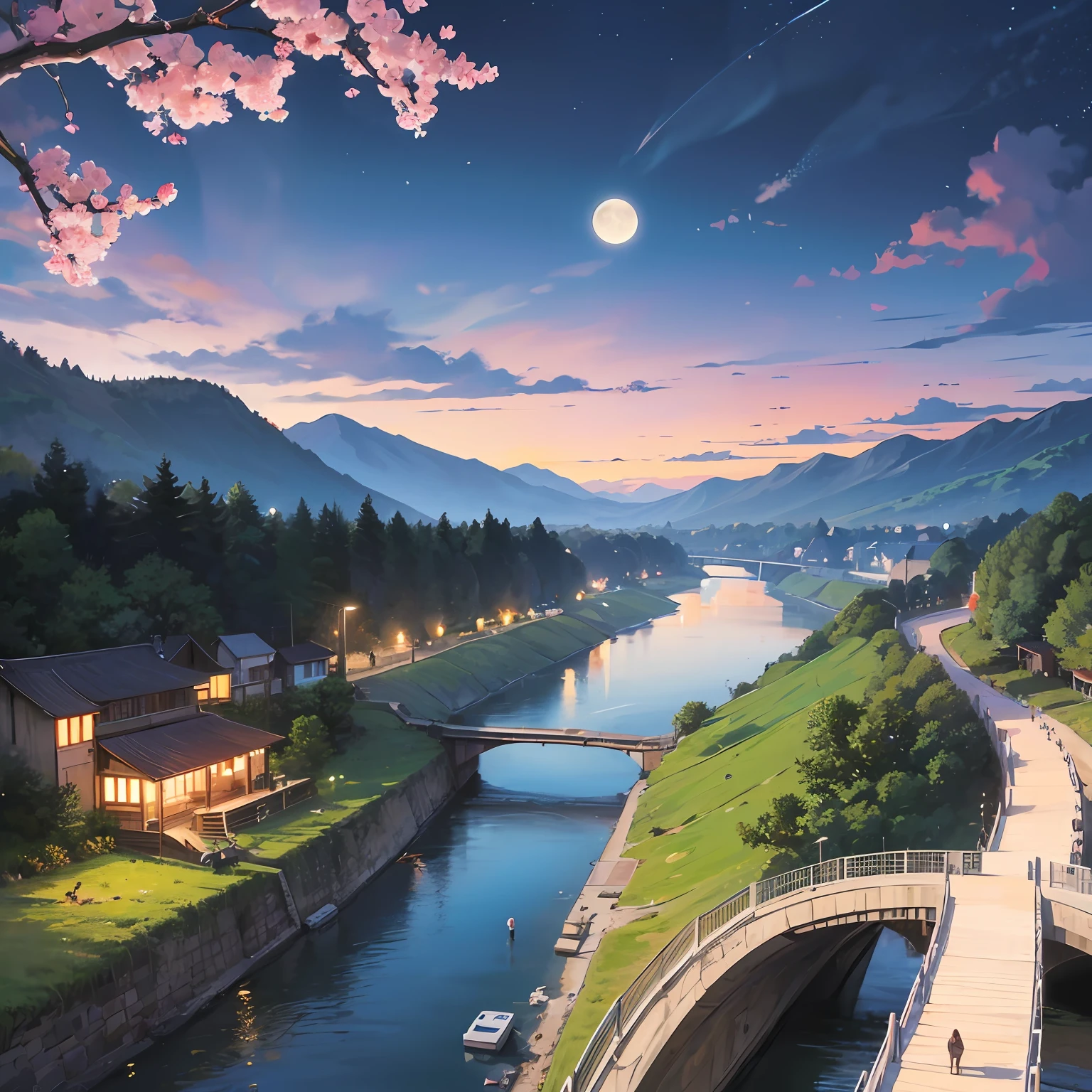 Curved river，Scattered along the coast are ancient buildings and a small number of peach blossoms，lights shining，The moon rises on the mountain peaks in the distance，There are boats in the river --auto