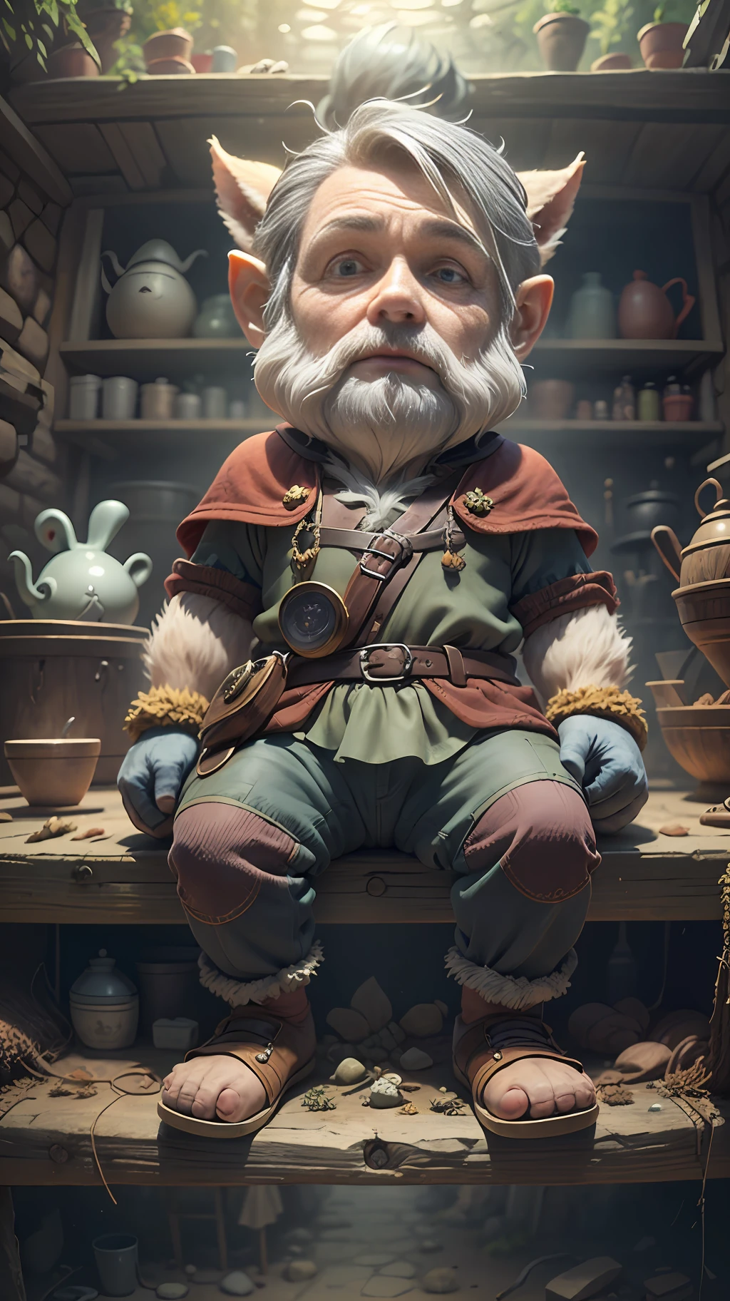 Gnome (British: Gnome), (living in a very comfortable house in a cave in the woods), ((working in an underground mine)), a small man who collects deer hair to put in his bed, well-cut medieval clothes made hemp, blue eyes, full body, exotic fairy gnomes, small body, dynamic poses but looking away from perspective, (old-fashioned medieval clothing), (pick up the animal's fallen hair), the character's right arm and hand are spells soft (suit is imposing but modest), HDR, high resolution, 16:9 aspect ratio, (thin eyes and facial expressions), patchy gray hair, soft eyes