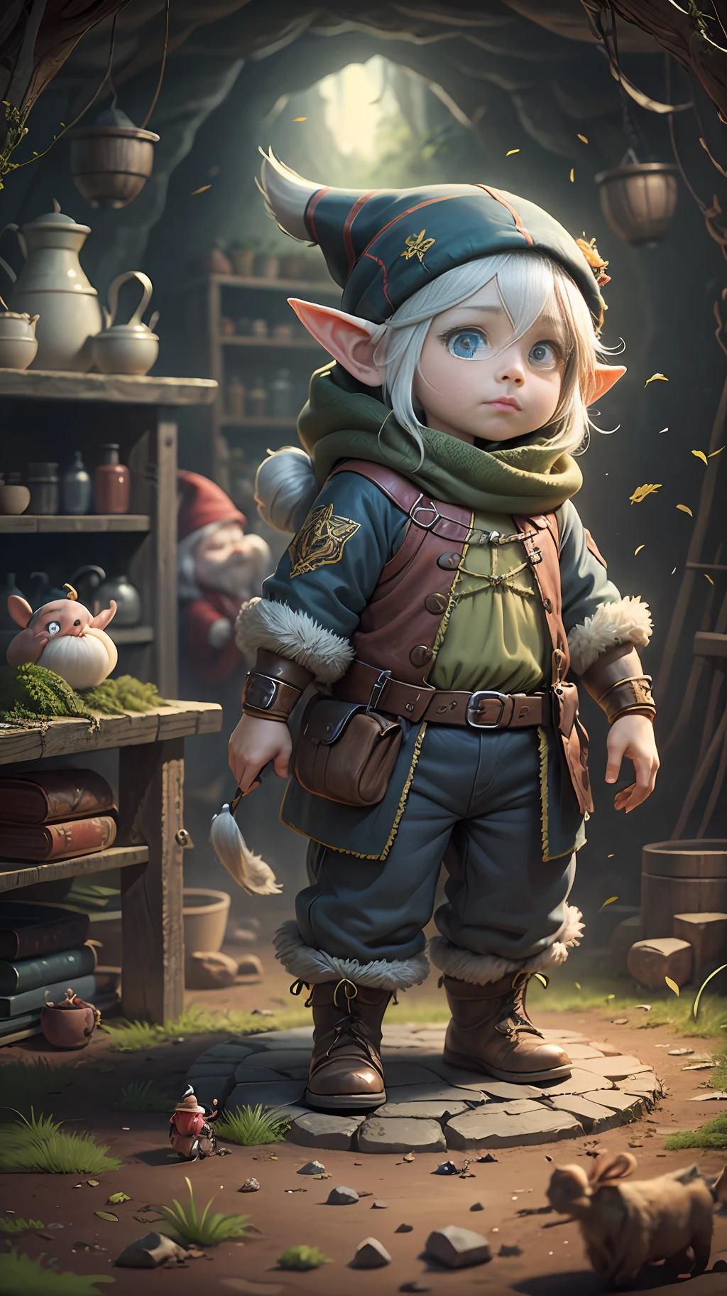 Gnome (British: Gnome), (living in a very comfortable house in a cave in the woods), ((working in an underground mine)), a small man who collects deer hair to put in his bed, well-cut medieval clothes made hemp, blue eyes, full body, exotic fairy gnomes, small body, dynamic poses but looking away from perspective, (old-fashioned medieval clothing), (pick up the animal's fallen hair), the character's right arm and hand are spells soft (suit is imposing but modest), HDR, high resolution, 16:9 aspect ratio, (thin eyes and facial expressions), patchy gray hair, soft eyes