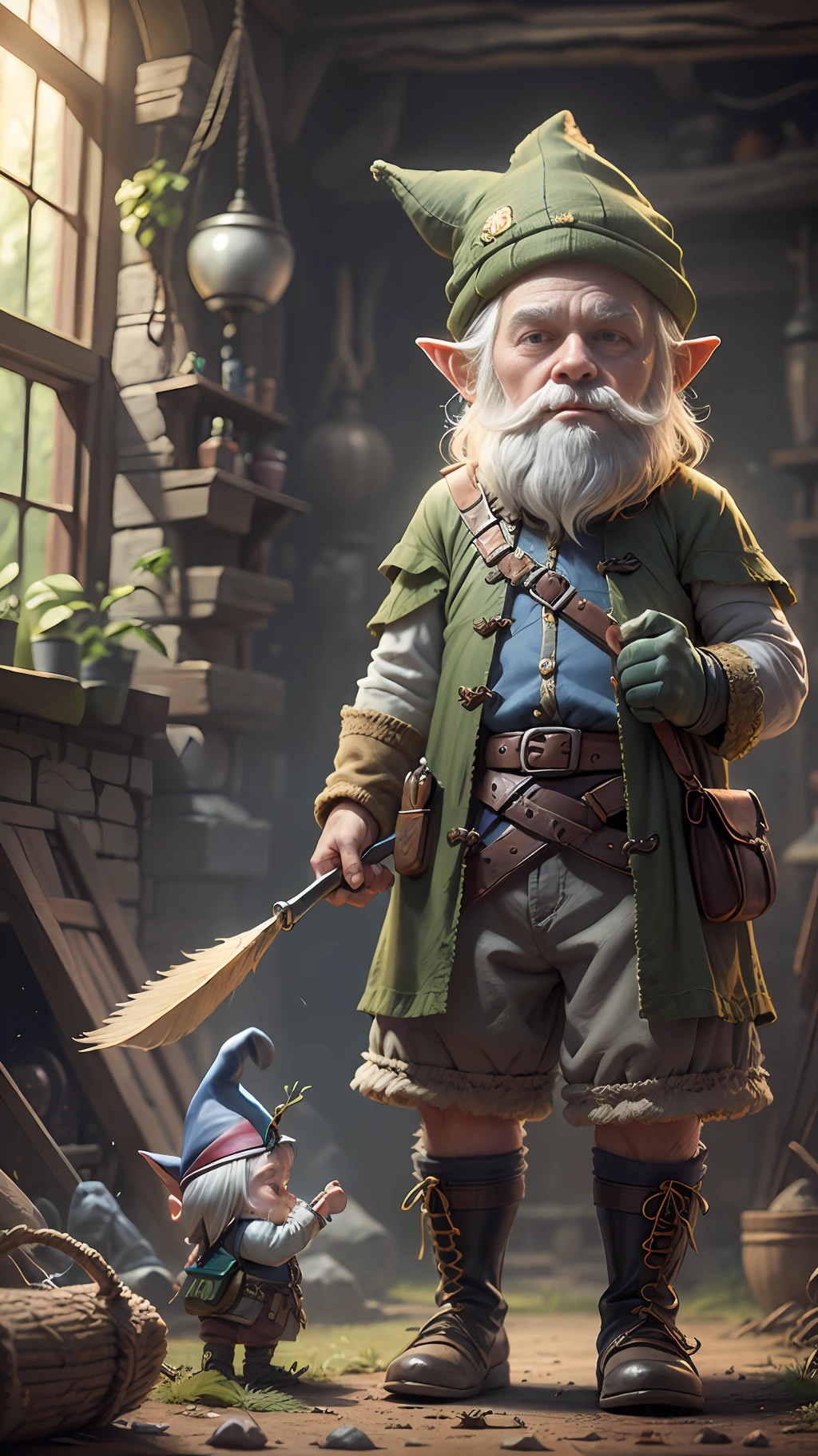 Gnome (British: Gnome), (living in a very comfortable house in a cave in the woods), ((working in an underground mine)), a small man who collects deer hair to put in his bed, well-cut medieval clothes made hemp, blue eyes, full body, exotic fairy gnomes, small body, dynamic poses but looking away from perspective, (old-fashioned medieval clothing), (pick up the animal's fallen hair), the character's right arm and hand are spells soft (suit is imposing but modest), HDR, high resolution, 16:9 aspect ratio, (thin eyes and facial expressions), patchy gray hair, soft eyes