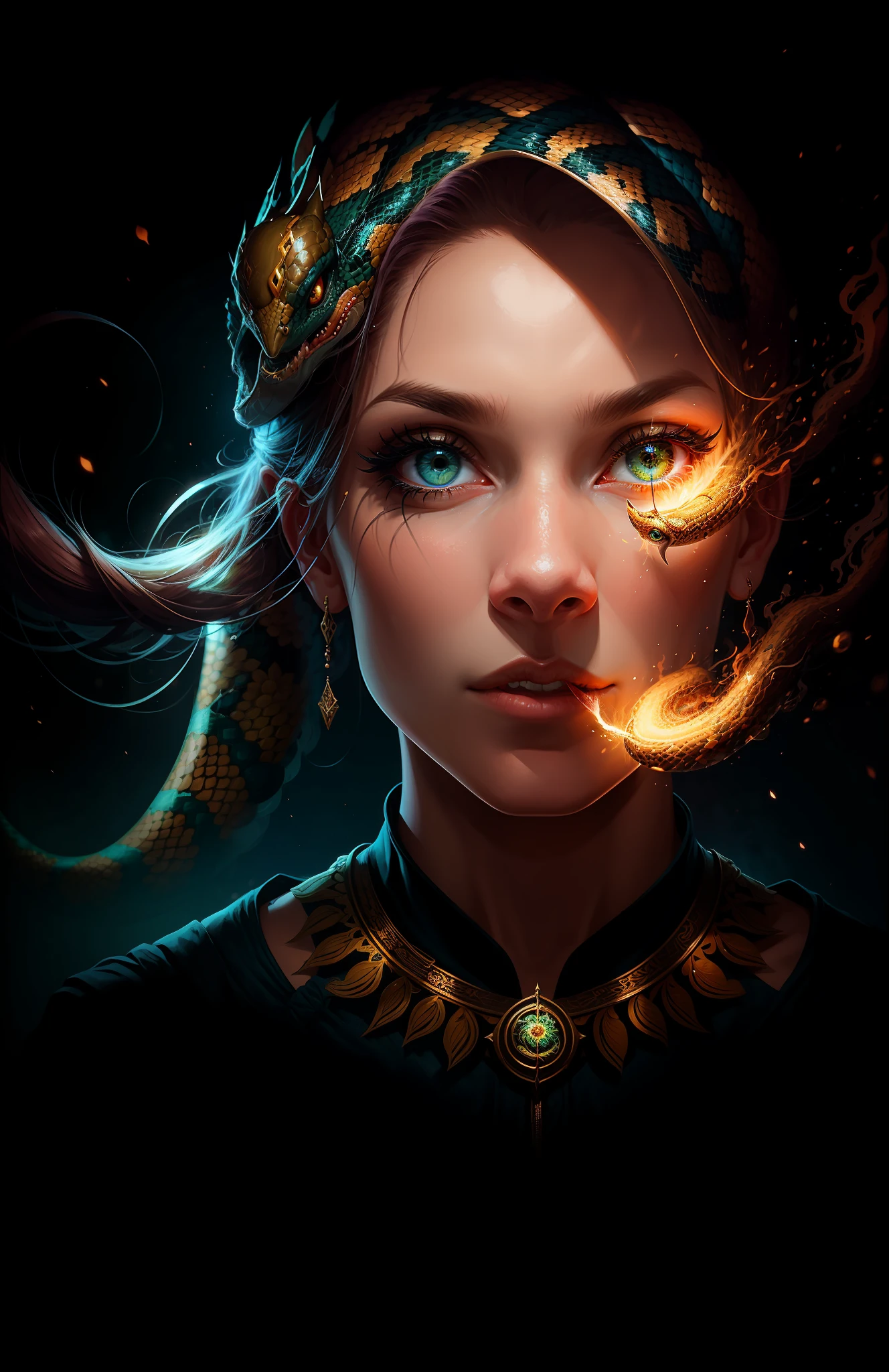 ((melhor qualidade)), ((obra-prima)), ((realista)), Medusa, corpo inteiro, Hair is made up of numerous small snakes, olhos azuis, rosto feminino, tampo esculpido em ouro, aura real, trend artstation, sharp foc, Studio photo, detalhe intrincado, muito detalhado, olho detalhado, illustration, muito detalhado, sharp foc, digital render, profissional, 4k