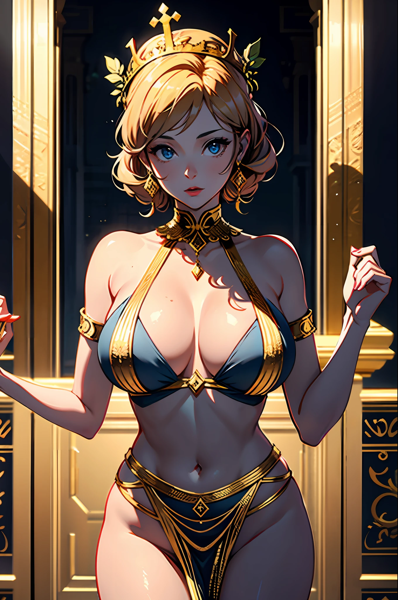 1girl huge large breasts,Greek goddess,Vi delicate and beautiful face,golden hair,Various hairstyles,Garland crown,voluptuous breasts,Convex buttocks,greek clothes,Tulle covers the breasts,perfectly proportioned, Detailed clothing details,Temple,marble,god statue,World Tree,Cinematic lighting, filmgrain, Fujicolor, lightand shade contrast, 8K, 巨作, Textured skin, Super detail, high detailing, High quality, A high resolution,