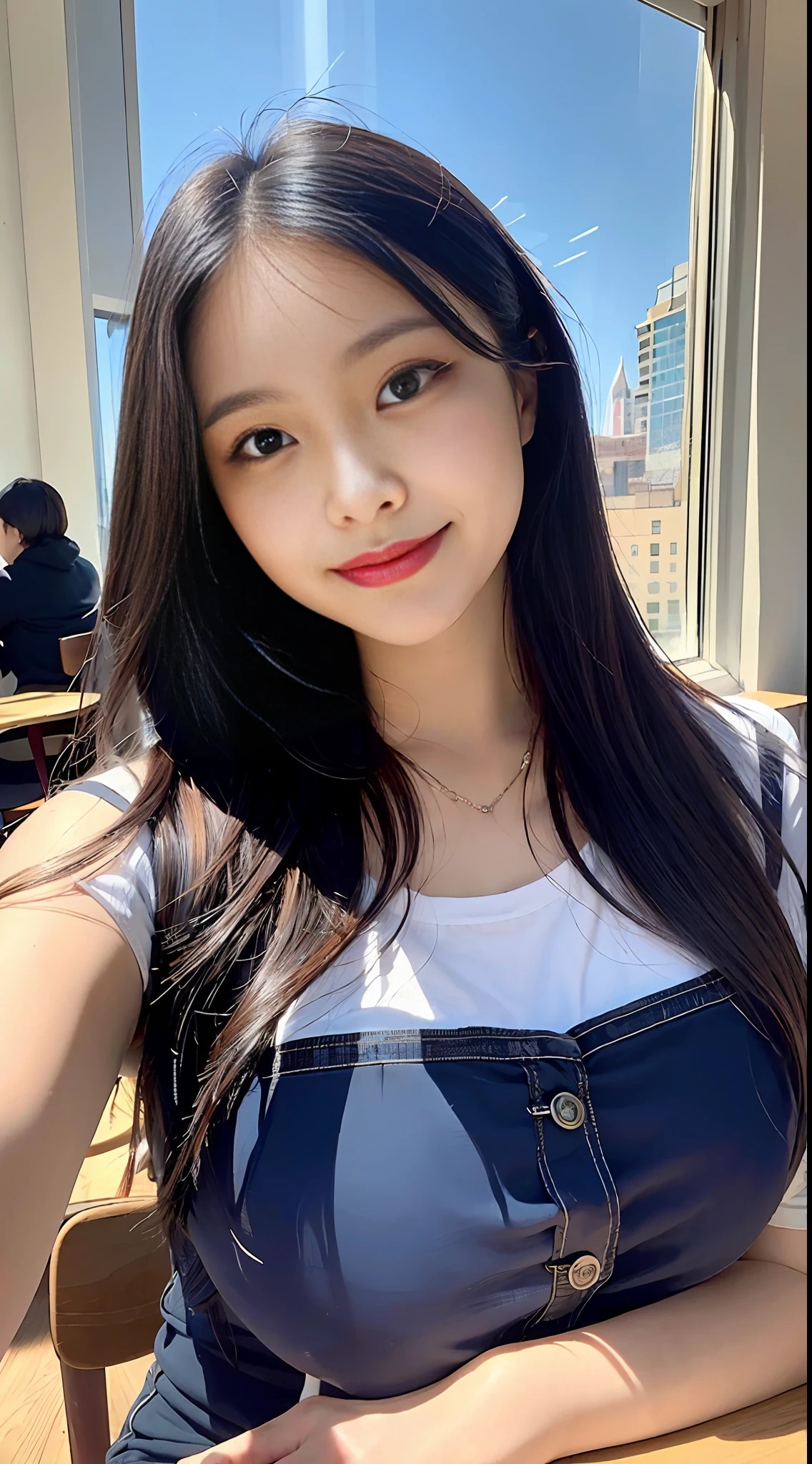 Realistically, as a masterpiece of the highest quality, the woman behind the large window in the warm sunlight pouring in from a downtown café, in a lively and toxic style, with an emphasis on expressiveness, a look of devotion.