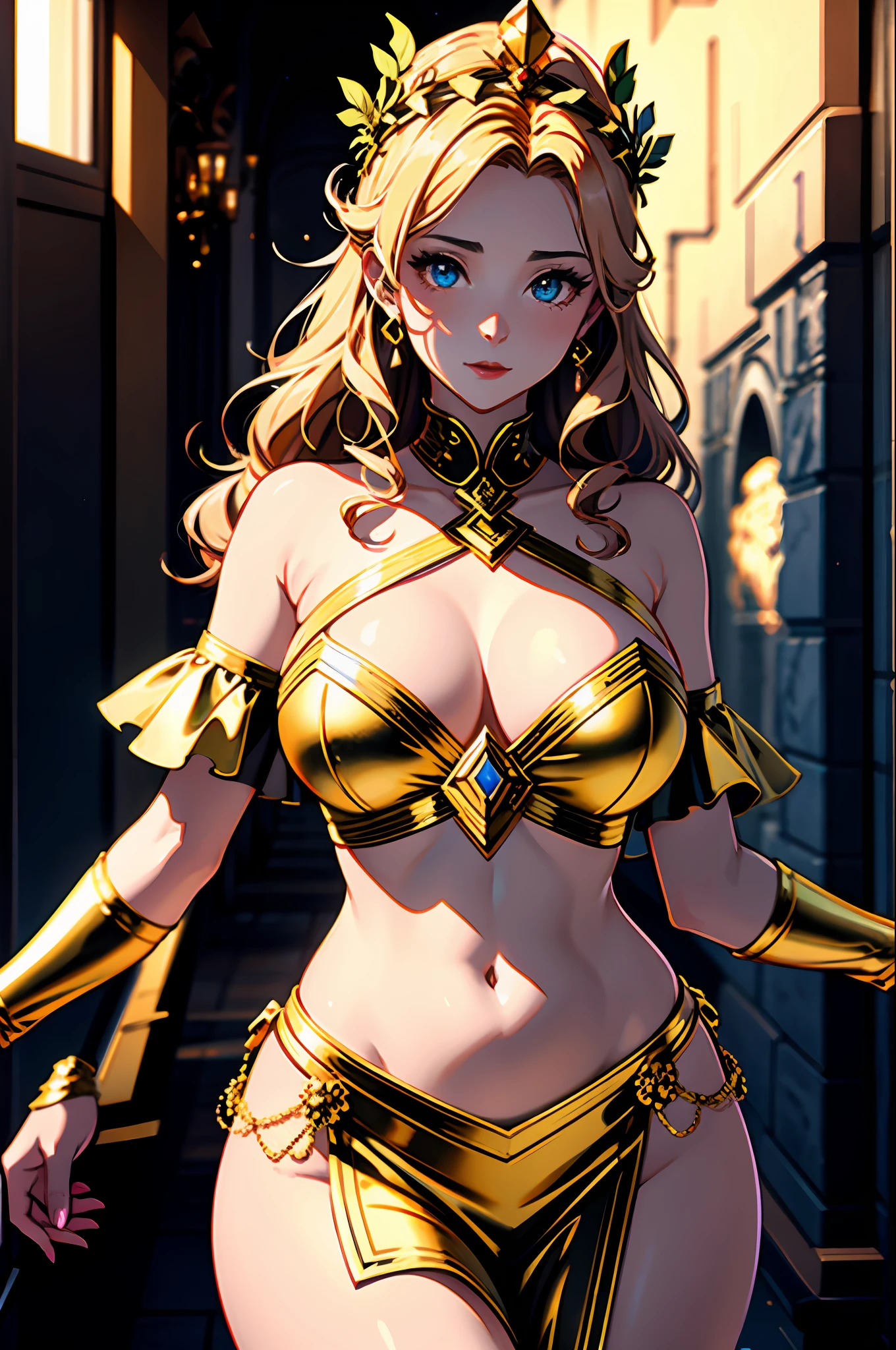 1girl huge large breasts,Greek goddess,Vi delicate and beautiful face,golden hair,Various hairstyles,Garland crown,voluptuous breasts,Convex buttocks,greek clothes,Tulle covers the breasts,perfectly proportioned, Detailed clothing details,Temple,marble,god statue,World Tree,Cinematic lighting, filmgrain, Fujicolor, lightand shade contrast, 8K, 巨作, Textured skin, Super detail, high detailing, High quality, A high resolution,