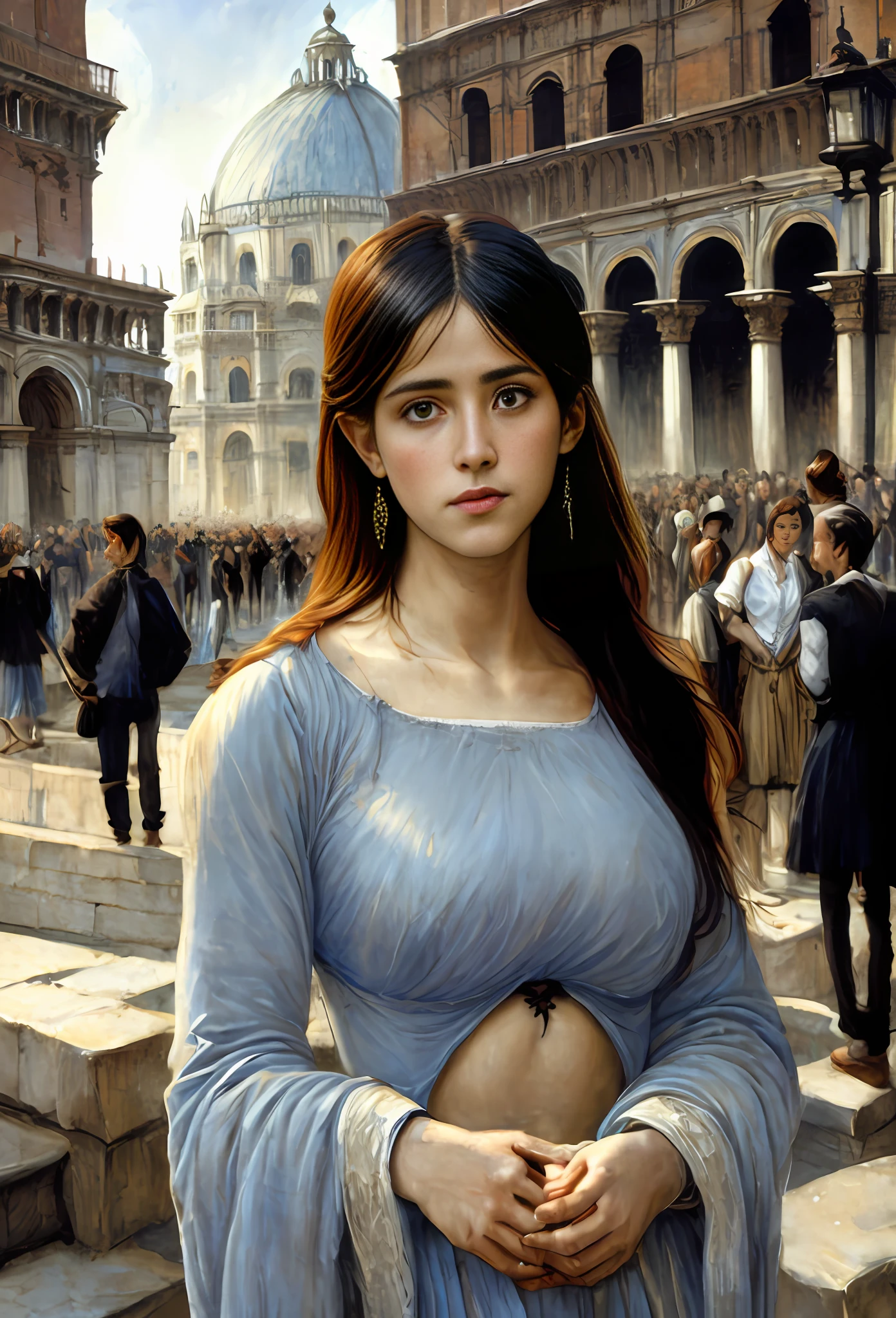 Classical art portrait painting, (Academic Art), (Piazza dei Miracoli background,crowd,navel),by John William Waterhouse