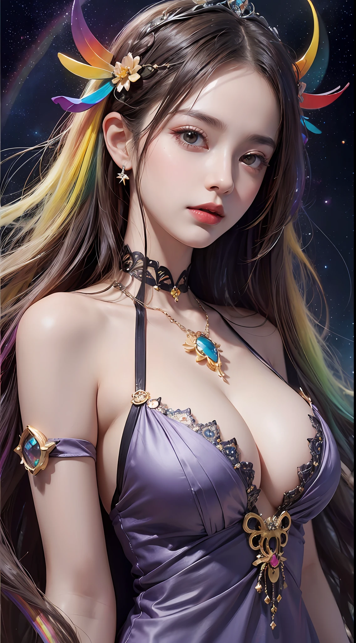 1 27-year-old girl, 1 zodiac goddess from the future, 12 zodiac goddess pink purple, 12 zodiac goddess face sexy thin yellow nightgown, long thin nightgown 12 zodiac many limbs sexy black lace detail, mythical goddess of the 12 zodiacs from the future, zodiac ♏, luxurious glittering zodiac style, dark and mysterious version, zodiac crown, lipstick red lips, thin and pretty lips, don't smile, keep your mouth shut, characters created by karol bak and pino daeni, intricate detail, detailed background, extremely detailed, light magic, a woman, clear face, looking at the upper body of the goddess of the zodiac, round breasts, big and round breasts, phoenix hair brooch, long hair with bangs, (Long hair has 7 colors like rainbow:1.9), beautiful detailed face and well-proportioned eyes, (transparent yellow eyes: 1.8), big round eyes and very beautiful and detailed makeup, visionary, long silk nightgown, mysterious makeup, Bracelets, side bangs and dye pale yellow, upper body, (zodiac goddess upper body: 1.8), drooping arms, Realistic and vivid photo, (stars that make up the zodiac: 1.7), ( sky zodiac and fictitious space and time portal: 1.8), fiction art, RAW photo, hanfu photo, best photo , high_res, best quality, best photo, 8k quality, 8k ultra , surrealism, the most economical real photo, artistic portrait of 12 zodiac signs, 1 symbol of 12 zodiac signs behind, single portrait of 12 zodiac goddess, The most realistic color scheme, best photo color, masterpiece, hair ornament, necklace, jewelry, Beautiful face, upper body, tyndall effect, photo realistic, dark studio, border light, two tone light, (detailed skin) high: 1.2), 8k uhd, dslr, soft light, high quality, volumetric light, candid, Photo, high resolution, 4k quality, 8k, Bokeh, Smooth and sharp, pixel up 10 times, Charming zodiac goddess, sexy zodiac goddess, (background space: 1.8), (galaxy: 1.7), aurora, lightning, (Aurora Background: 1.8) <lora:locon_perfecteyes_v1_from_v1_, beautiful goddess and flowers,