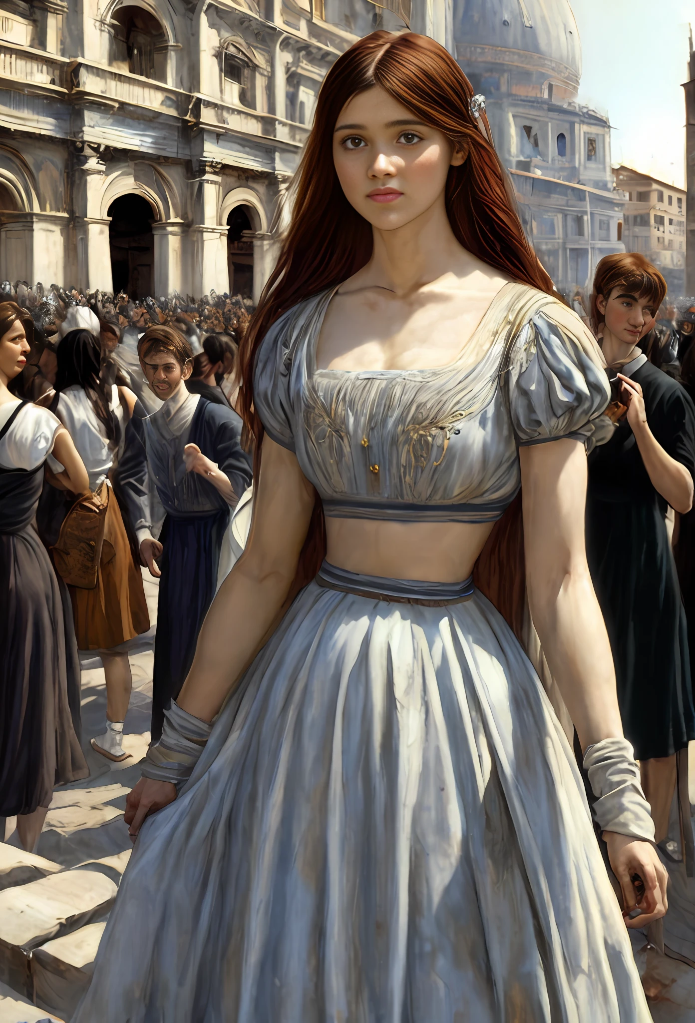 Classical art portrait painting, (Academic Art), (Piazza dei Miracoli background,crowd,navel),by John William Waterhouse