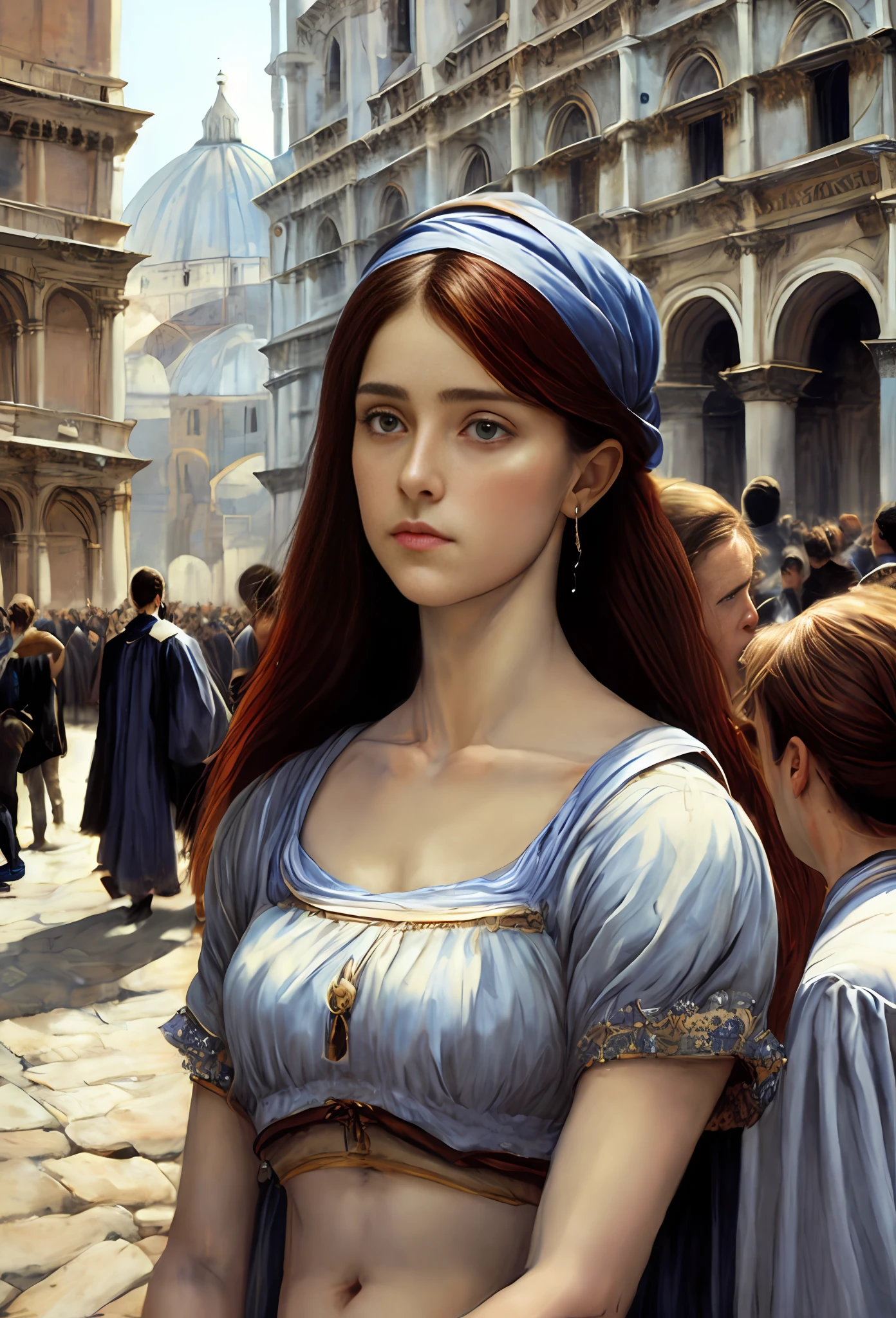 Classical art portrait painting, (Academic Art), (Piazza dei Miracoli background,crowd,navel),by John William Waterhouse