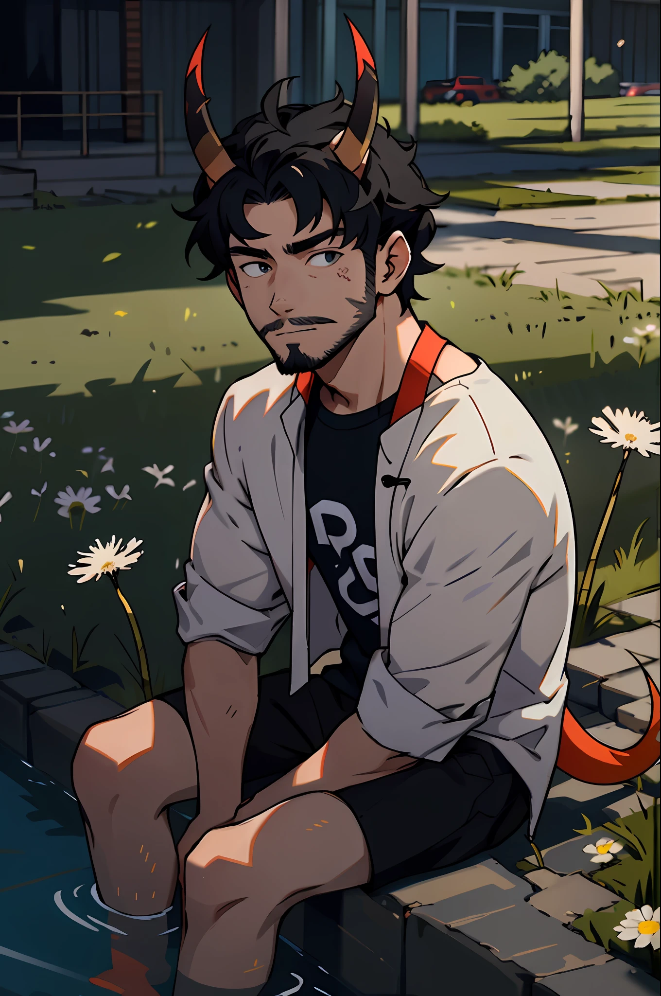 Best quality, masterpiece, expressionless, ultra high res, detailed background, realistic, 1man, solo, male, normal body ratio, 25-year-old male, short black hair, white bangs, very short stubble facial hair, soft smile, small red devil horns, long black fluffy tail, casual clothes, anime fan aesthetic, sitting, water, dandelion field, real shadow and light, depth of field.