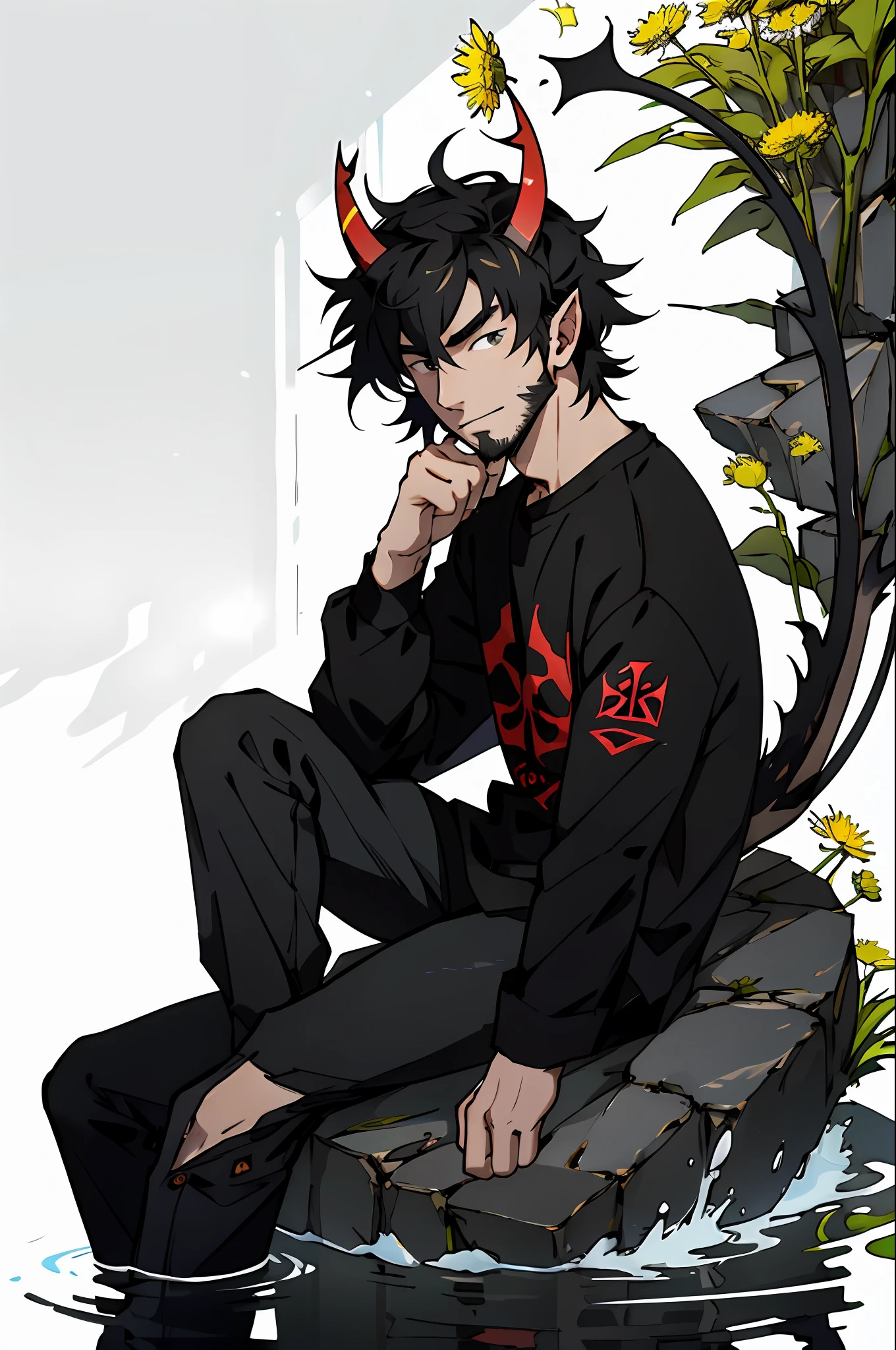 Best quality, masterpiece, expressionless, ultra high res, detailed background, realistic, 1man, solo, male, normal body ratio, 25-year-old male, short black hair, white bangs, very short stubble facial hair, soft smile, small red devil horns, long black fluffy tail, casual clothes, anime fan aesthetic, sitting, water, dandelion field, real shadow and light, depth of field.