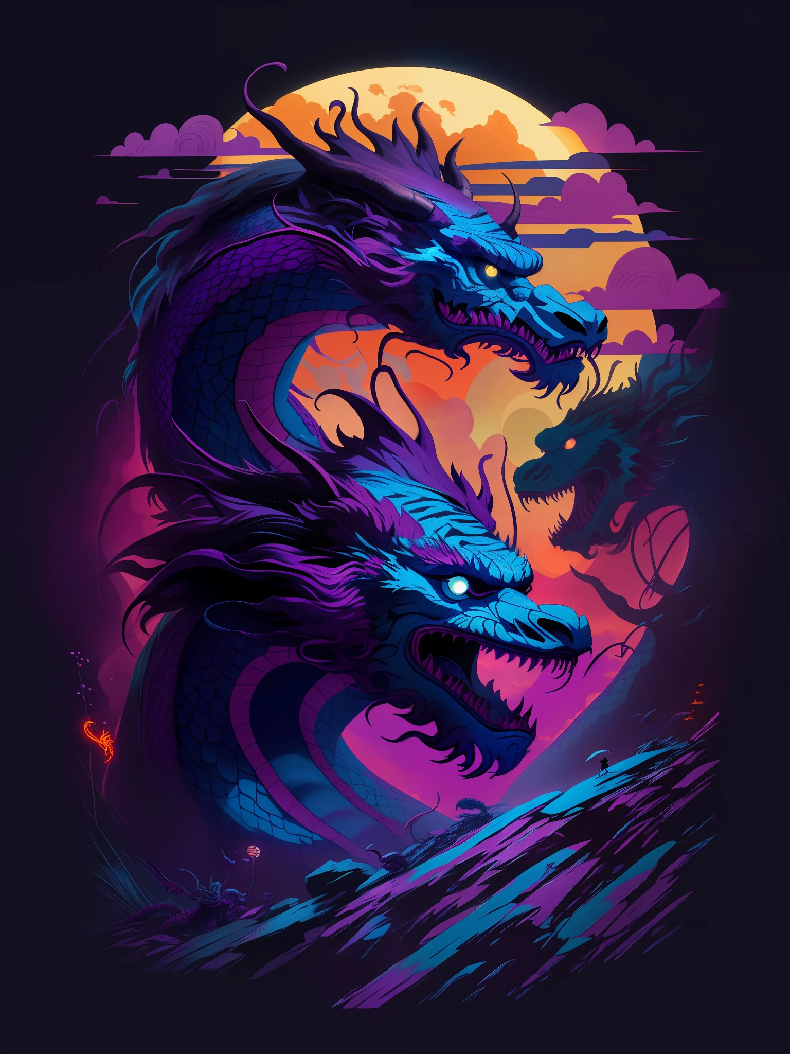 psicodelic, imagem vetorial, dragon, anjo, tigre, anime, isolado, fundo neon, futuristic 3D illustration, Colouring, Japanese landscape with dragons,