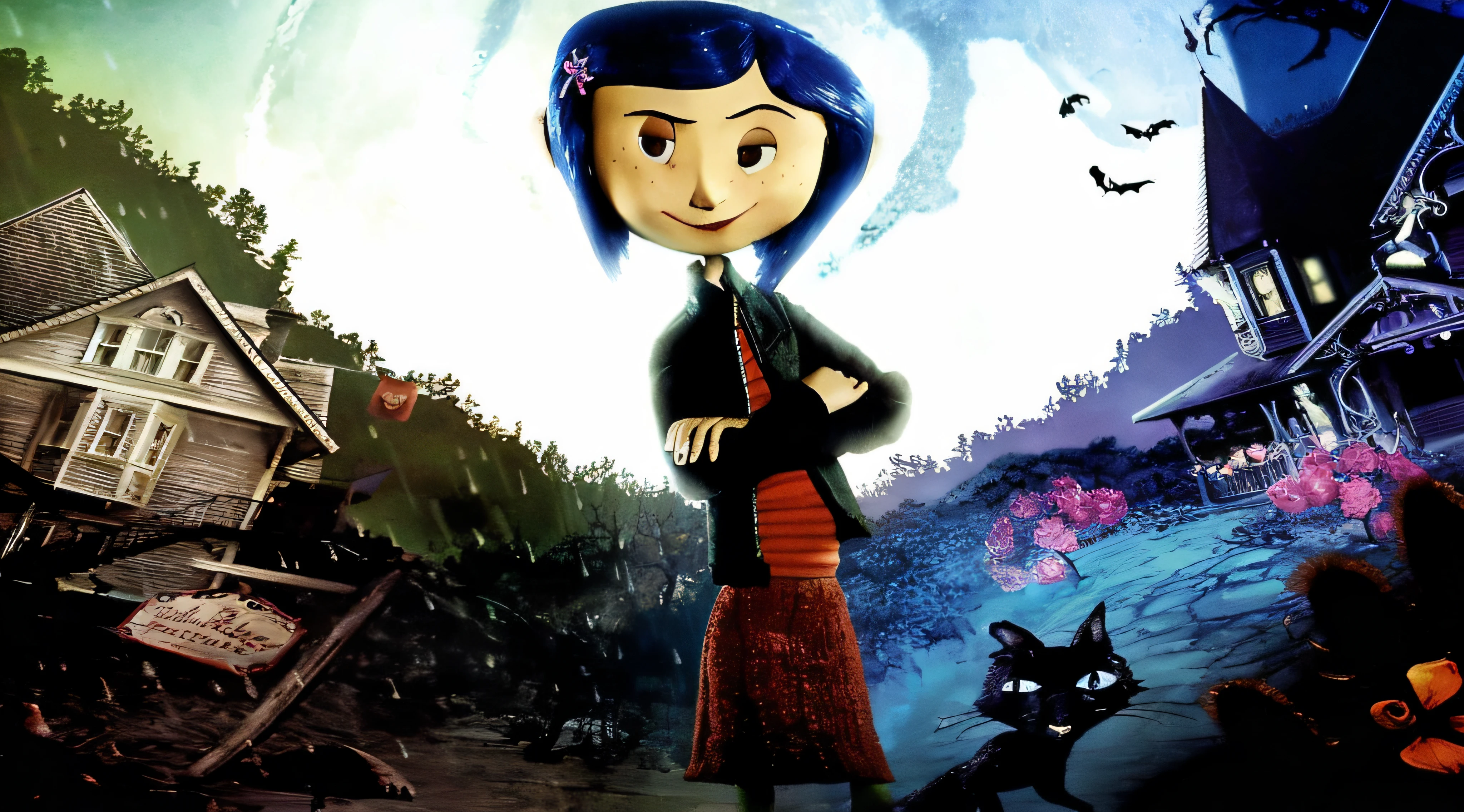 cartoon image of a woman with blue hair and a black cat, coraline, the'other mother'from'coraline ', laika films, animated film, laika, movie promotional image, animated movie, in a tim burton movie, animated movie still, children's animated films, movie character, animated film still, promotional art, dreamworks animated bjork --auto