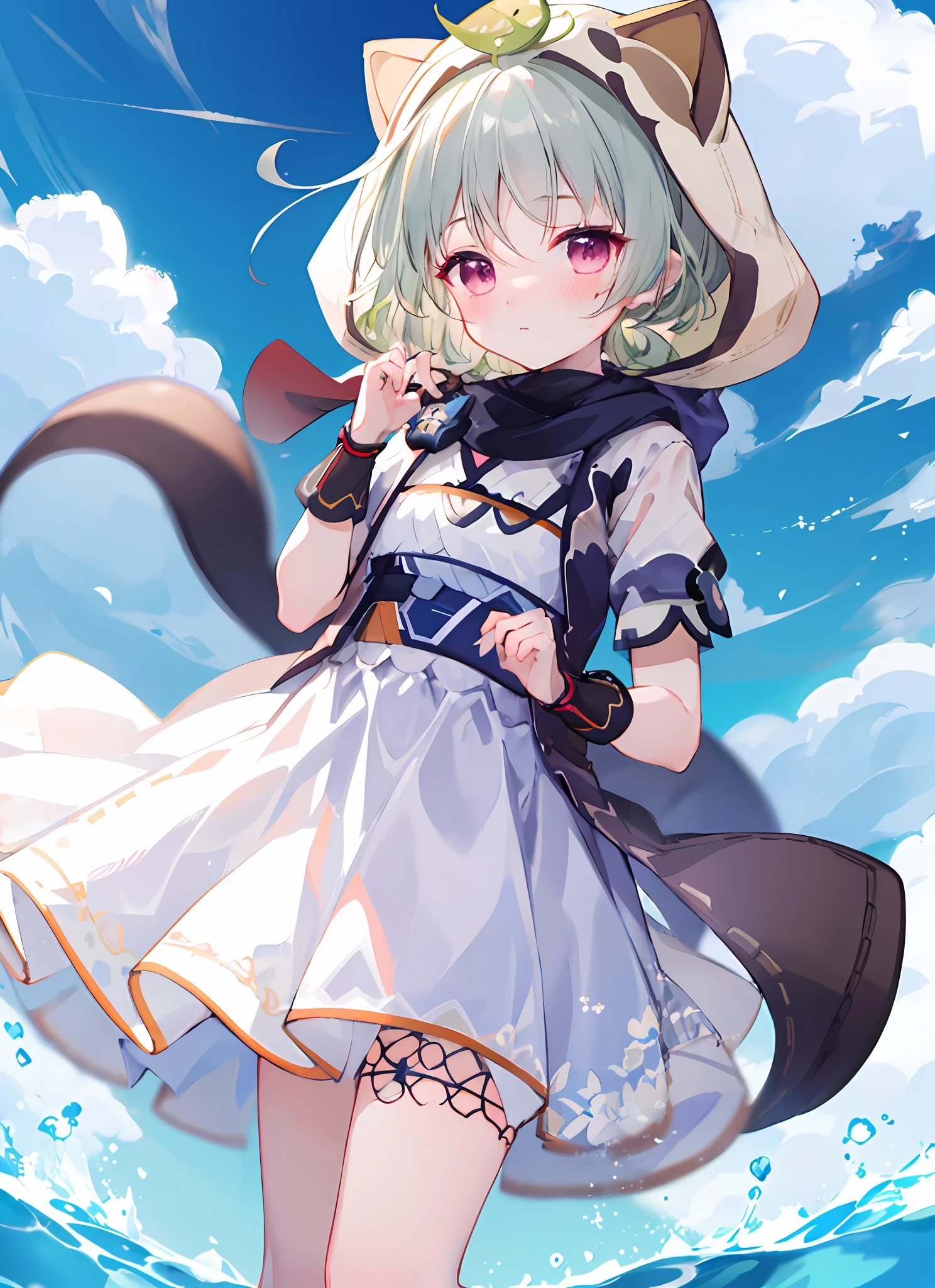 blush, outdoor, daytime, simple background, blue sky, rippled hair, sky, looking at the audience, , expression is cute, small short legs, avatar, wedding dress, white dress, little curved loli