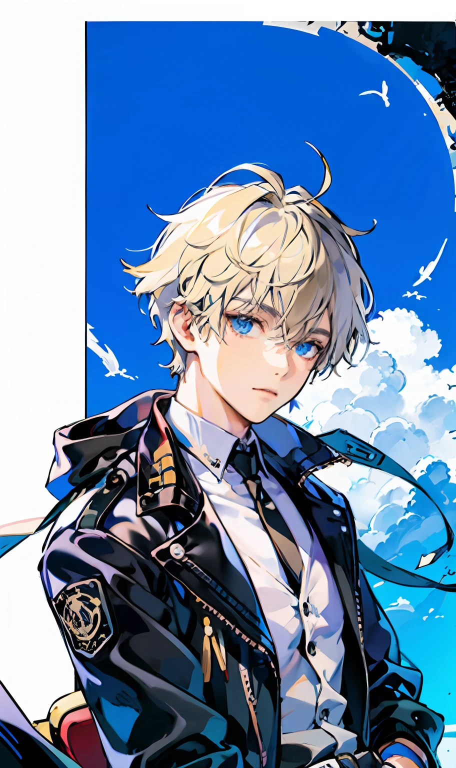 solo, anime boy with platinum blonde hair and blue eyes in a black uniform jacket, white dress shirt, anime boy, tall anime guy with blue eyes, black fingerless gloves, neutral expression, looking at viewer