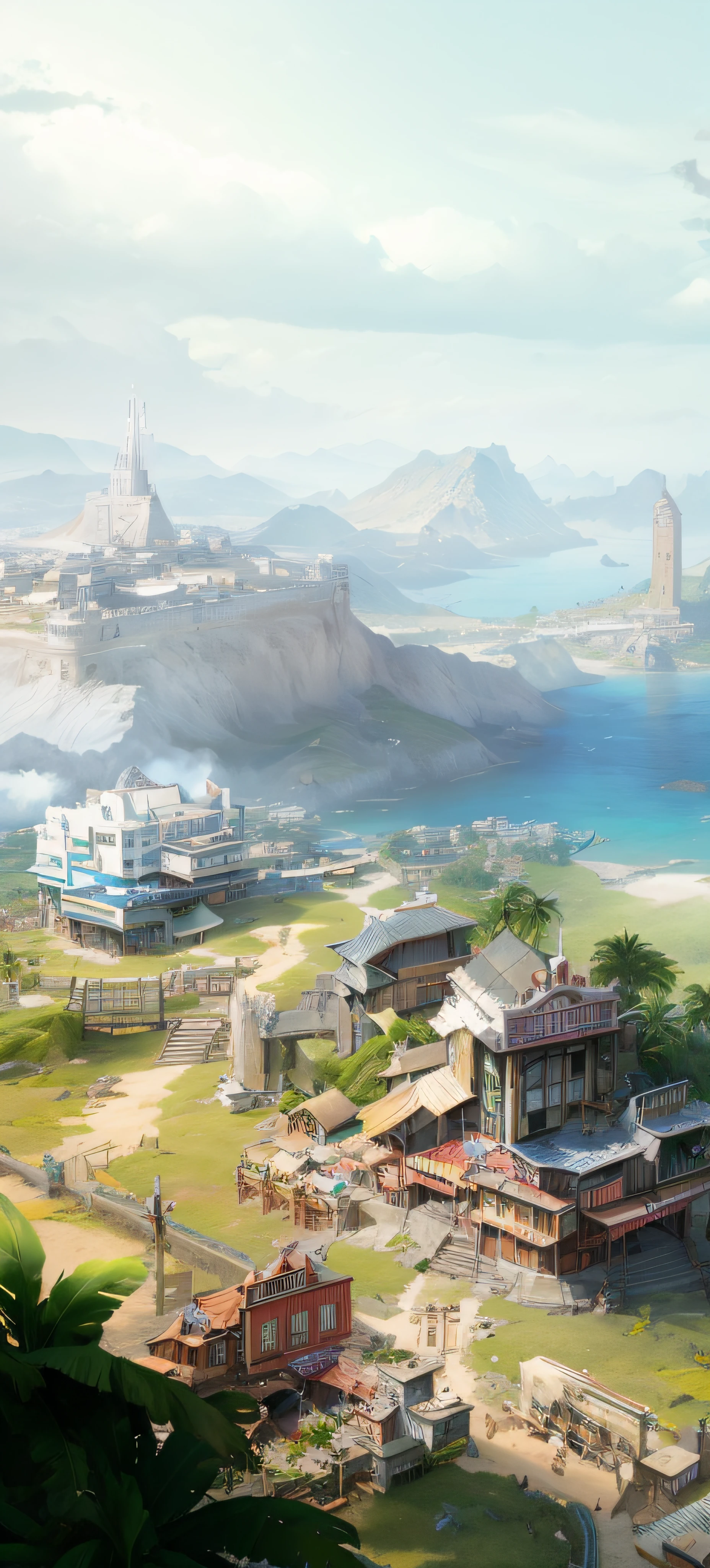 anime - style city with a beach and a mountain in the background, final fantasy vll world concept, background artwork, tropical coastal city, game art matte painting, detailed game art illustration, game map matte painting, concept art highly detailed, scenery game concept art, renaissance port city background, island background, Anime landscape concept art, beautiful 3d concept art, Game CG