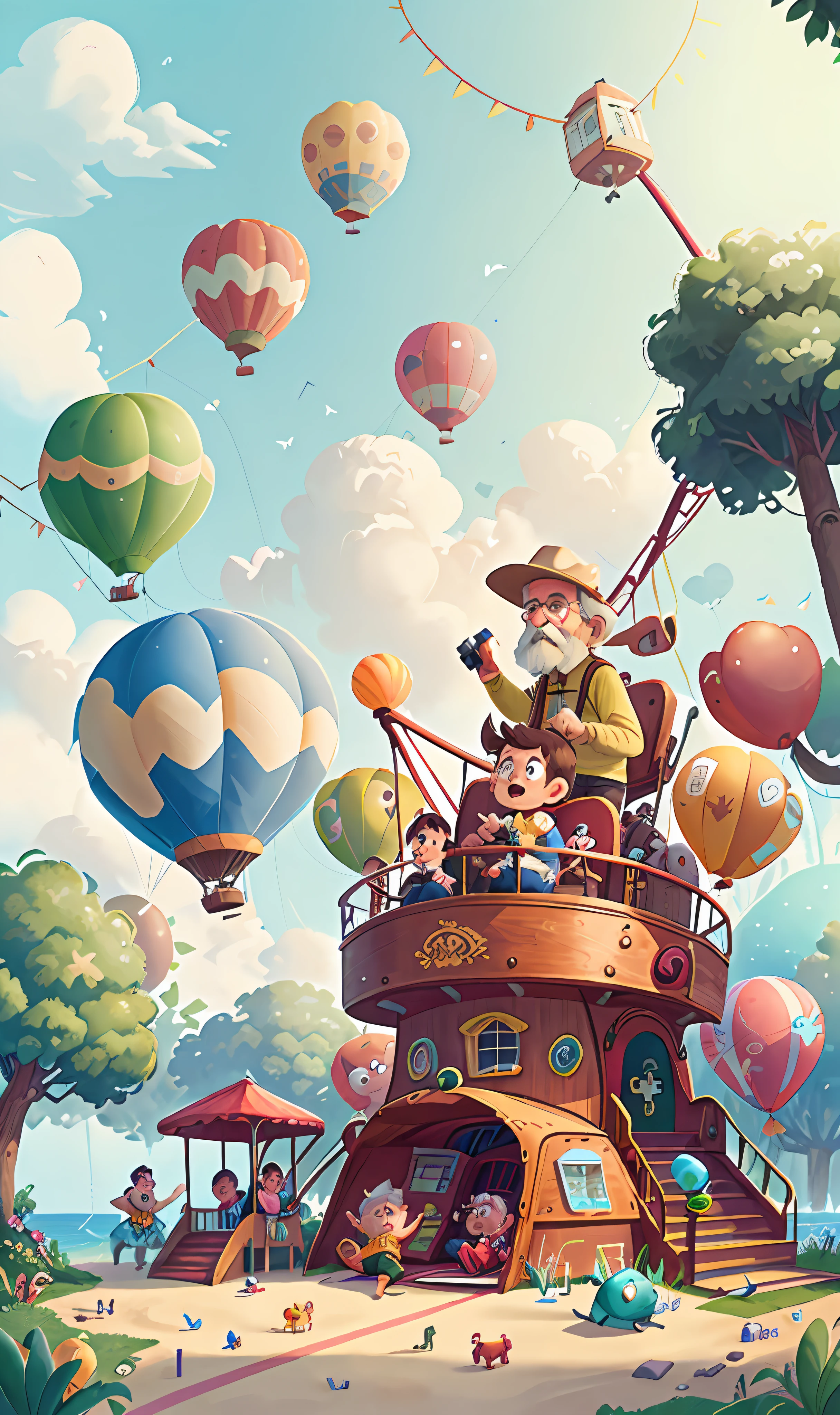 he Ferris wheel,rollercoaster, merry-go-round,tents,RV,An old man directs on the largest balloon,Lots of air balloons,uav,playground,beachside,Greenery,Robots walk around,Have fun,The weather was sunny。