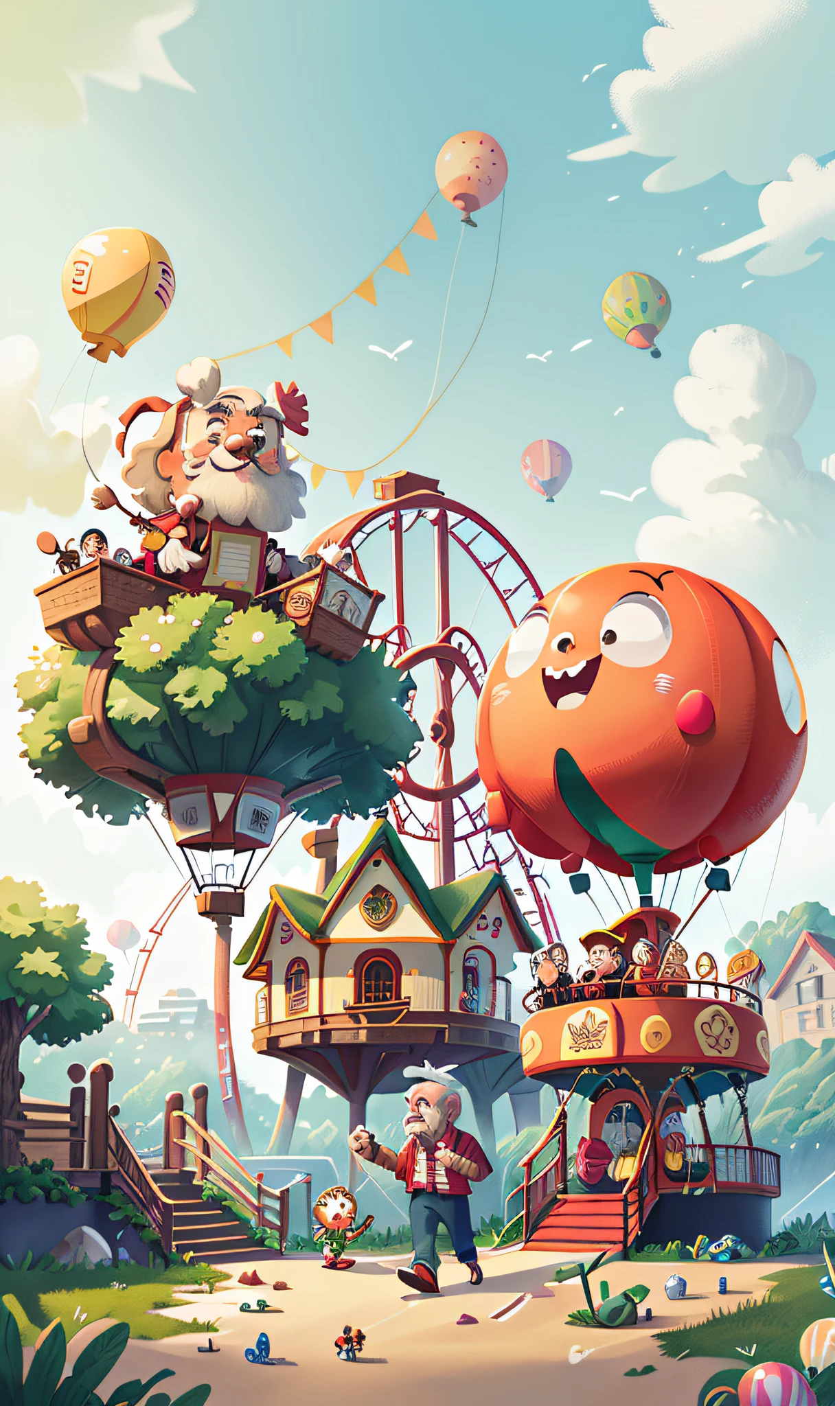 he Ferris wheel,rollercoaster, merry-go-round，tents，An old man directs on the largest balloon，Lots of air balloons,uav，playground,beachside,Greenery,Robots walk around,Have fun，The weather was sunny。