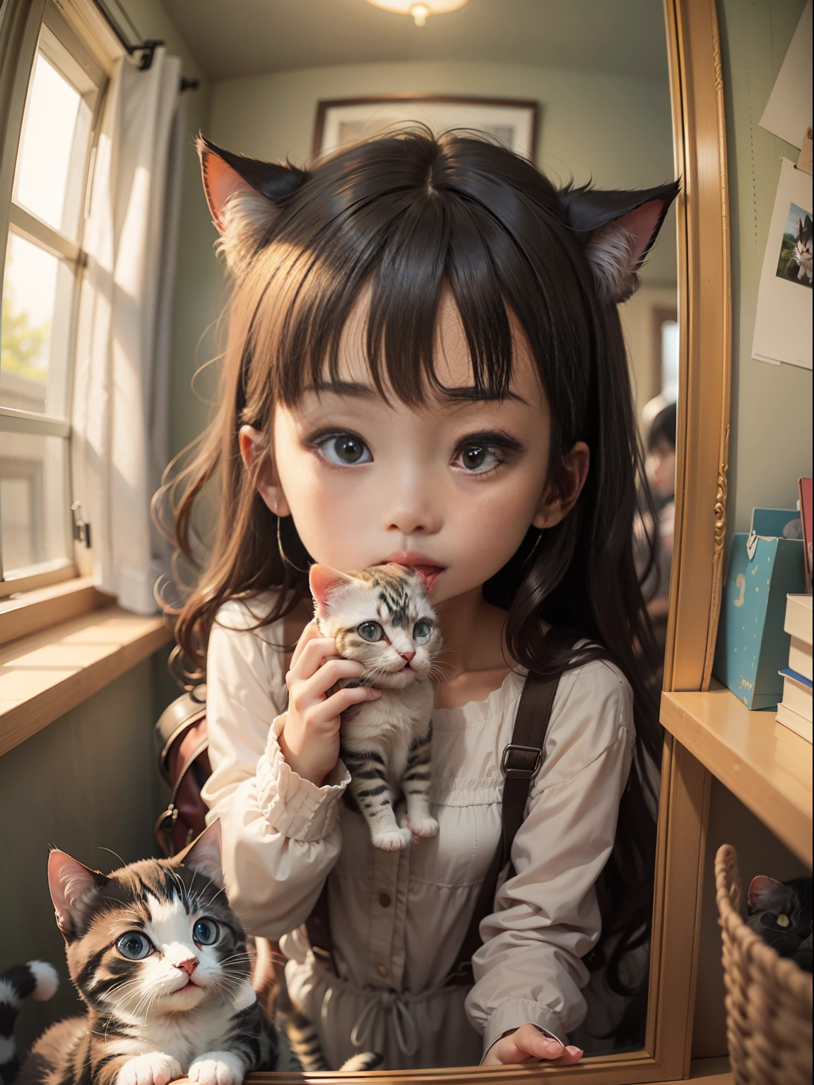 It depicts a girl in amazement at her kitten's reflection in the mirror。