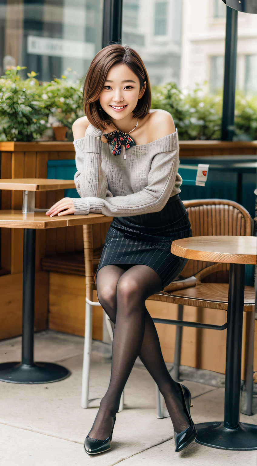 8k uhd, dslr,film grain, Fujifilm XT3,(best quality:1.3), (masterpiece:1.1), high resolution, cinematic light, intricate details, (photorealistic),outside,beautiful outside,sunny,
korean girl,(in cafe:1.5) , dimples, bobcut, looking at viewer, detailed trees, ribbons, bowties, bare shoulders, ribbed sweater,
pencil skirt, high-waist skirt, head rest, sitting, indoors,
necklace,black pantyhose, sheet transportation sweater, (smile),(full body:1.6),slender,