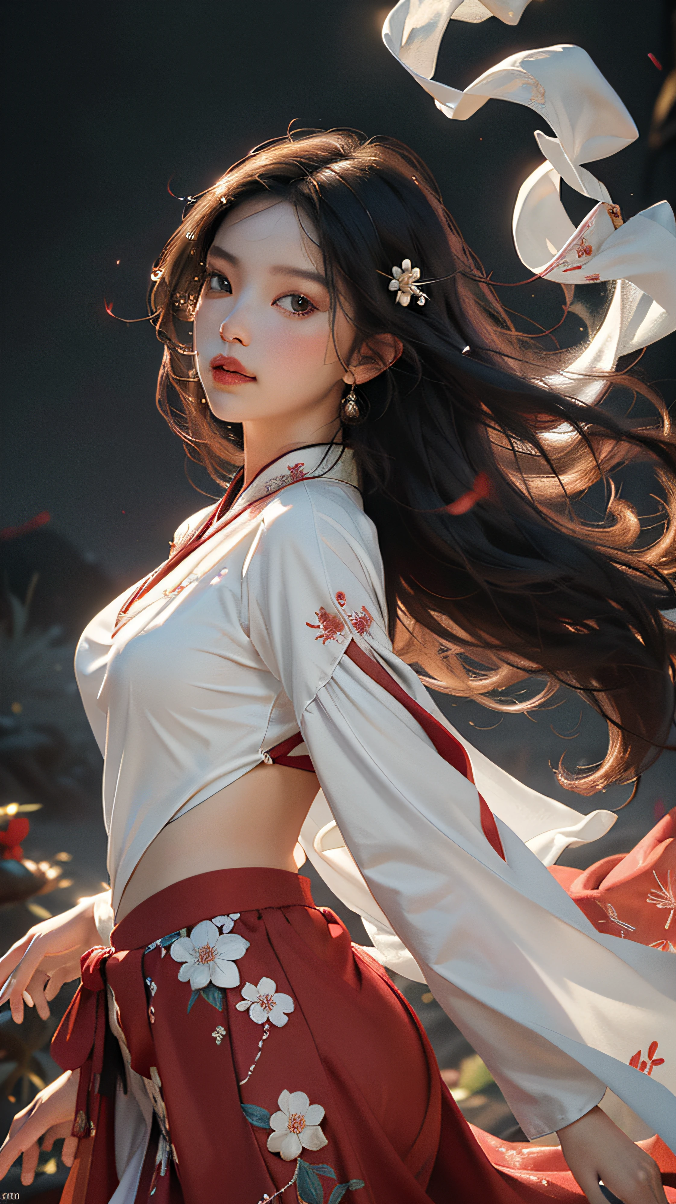 Chinese style，ancient wind，Close-up of beautiful women dressed in Japanese Hanfu，Delicate face，A girl in Hanfu, There are flowers,light wind，Photo quality，realisticlying，high detailing，masterpaintings，hyper detailled，dynamic angle，cinematlic lighting，the best quality，ultra-high-resolution，intrincadamente detalhado， Beautiful face --auto