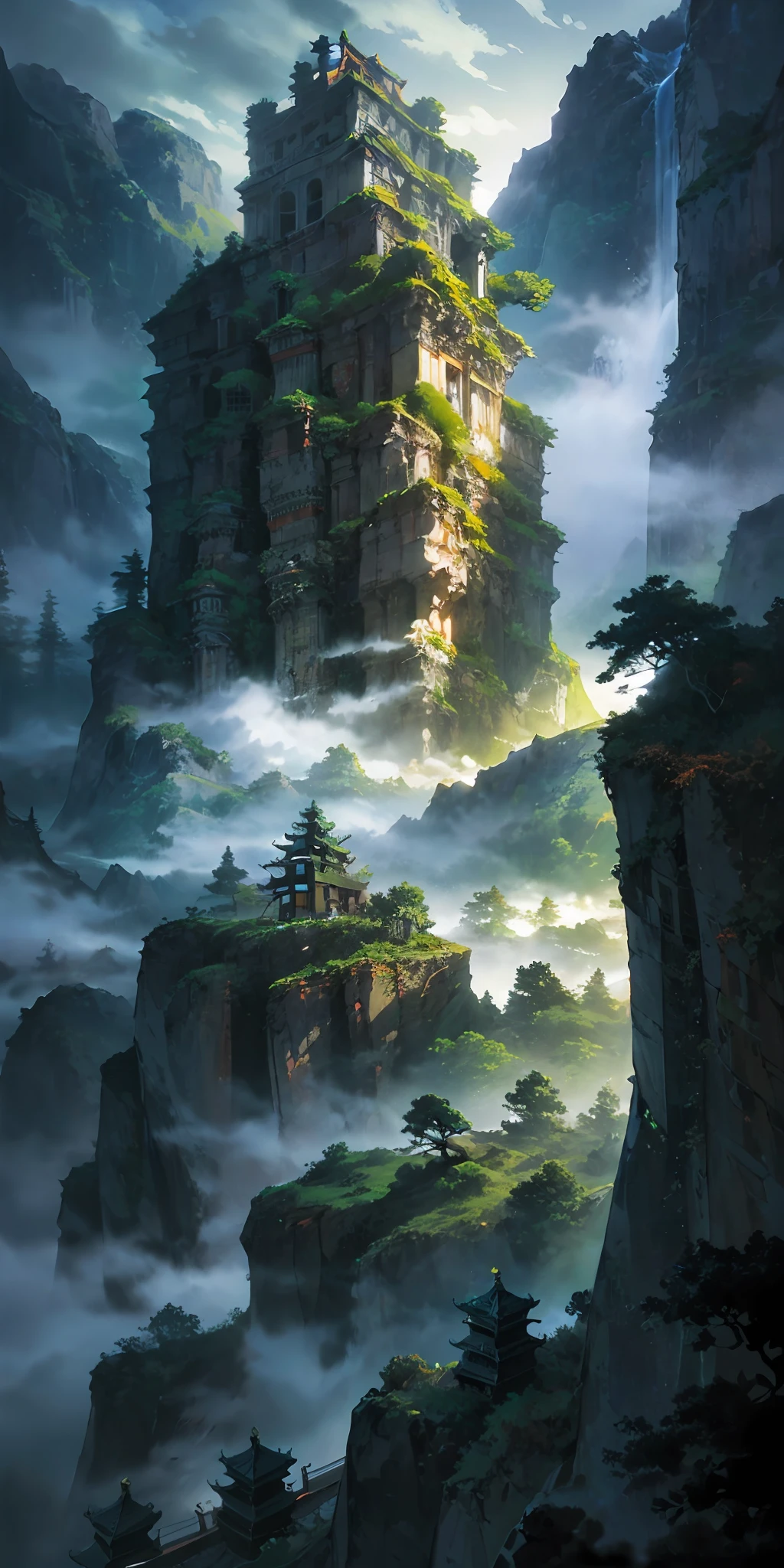 “((masterpaintings)),High quality,Super meticulous,A majestic ancient Chinese city in the mountains,surrounded by cloud,dense fog,stunning lighting effects,A spectacle of pure natural beauty。”